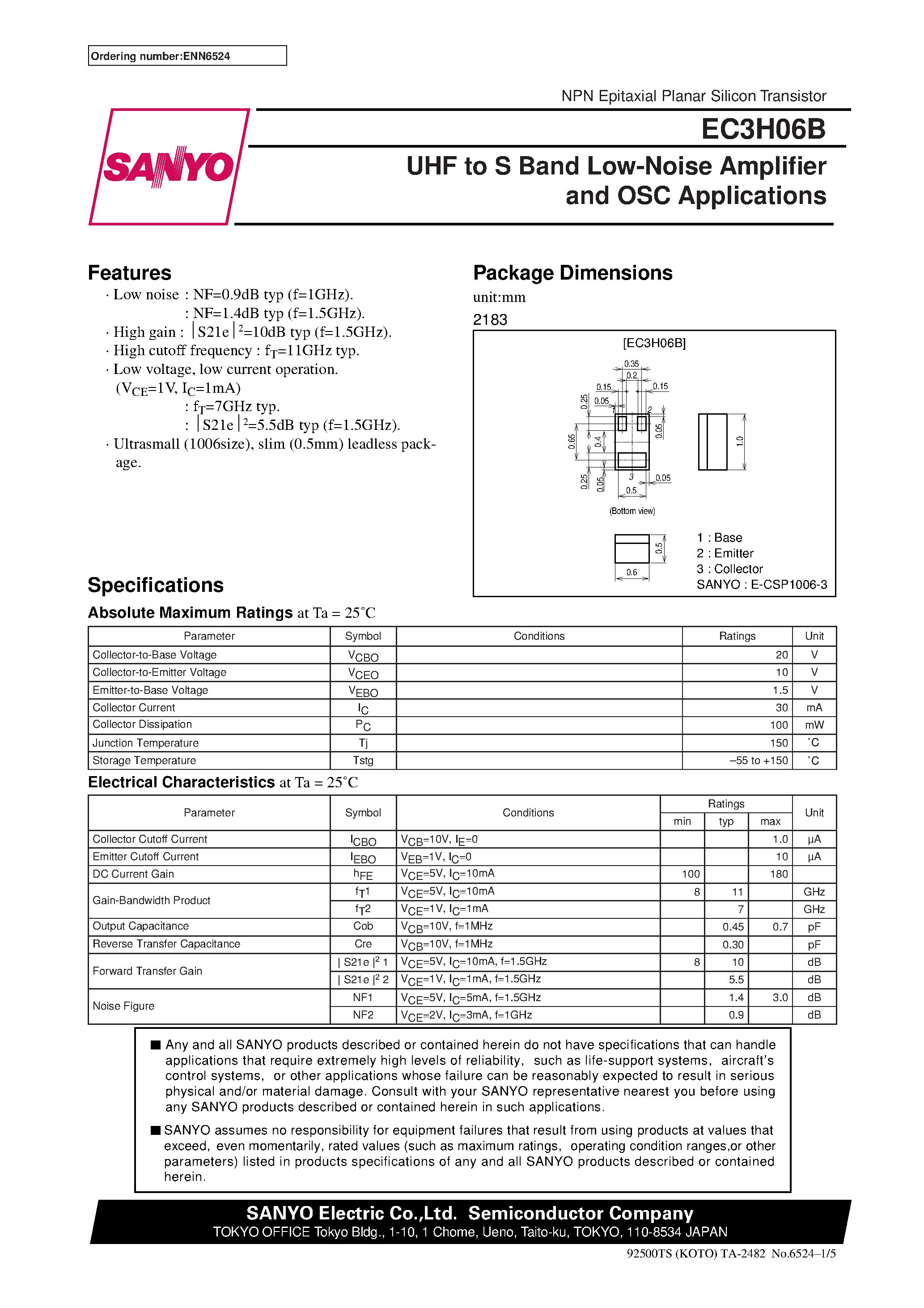 Datasheet EC3H06B - UHF to S Band Low-Noise Amplifier and OSC Applications page 1