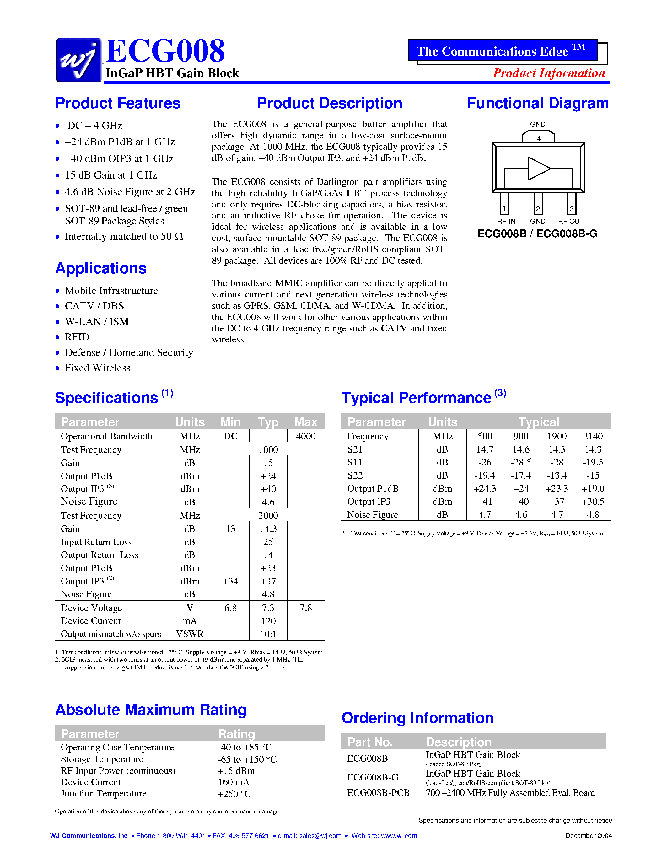Даташит на микросхему ECG008B-G страница 1 Даташит ECG008B-G - InGaP HBT Gain Block страница 1