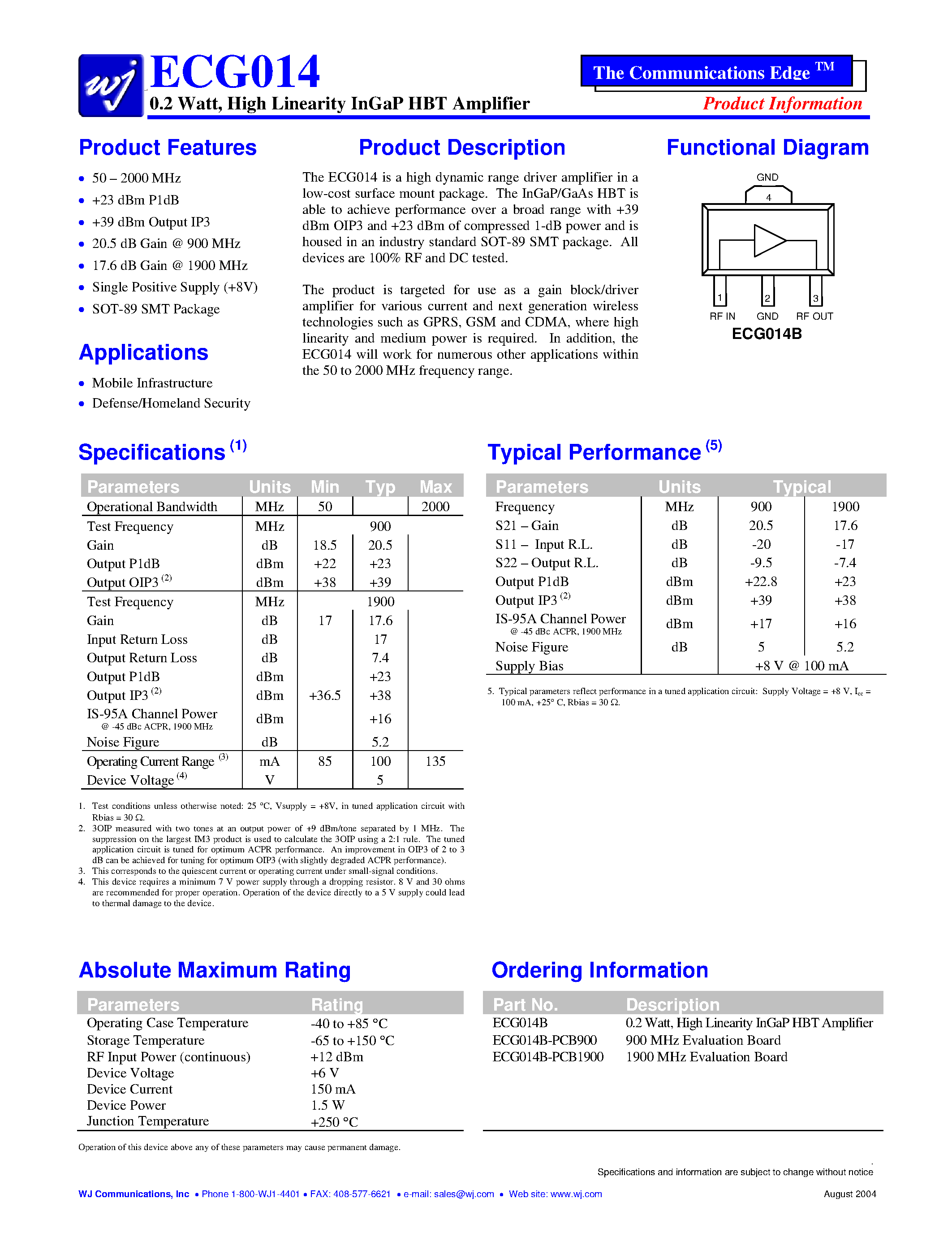 Datasheet ECG014B-PCB900 page 1 Datasheet ECG014B-PCB900 - 0.2 Watt/ High Linearity InGaP HBT Amplifier page 1