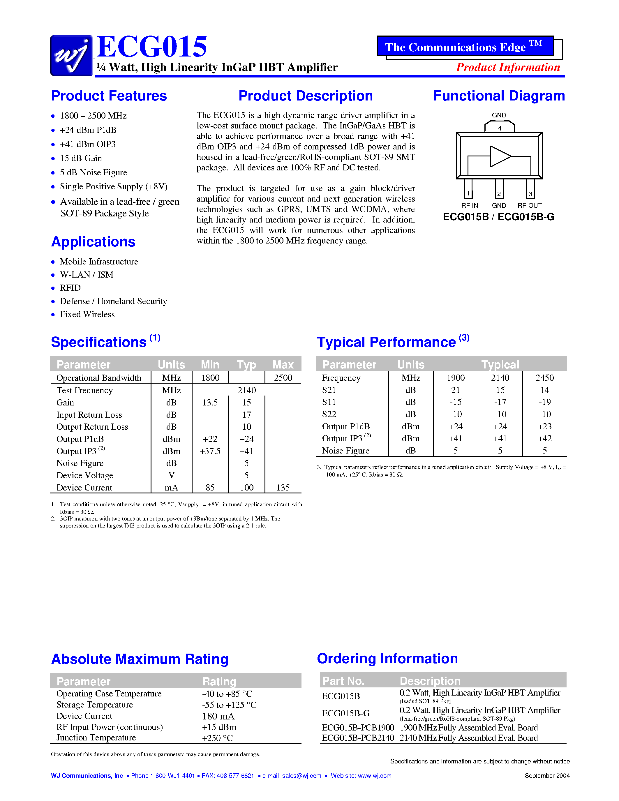 Datasheet ECG015B-PCB2140 page 1 Datasheet ECG015B-PCB2140 - 1/4 Watt/ High Linearity InGaP HBT Amplifier page 1