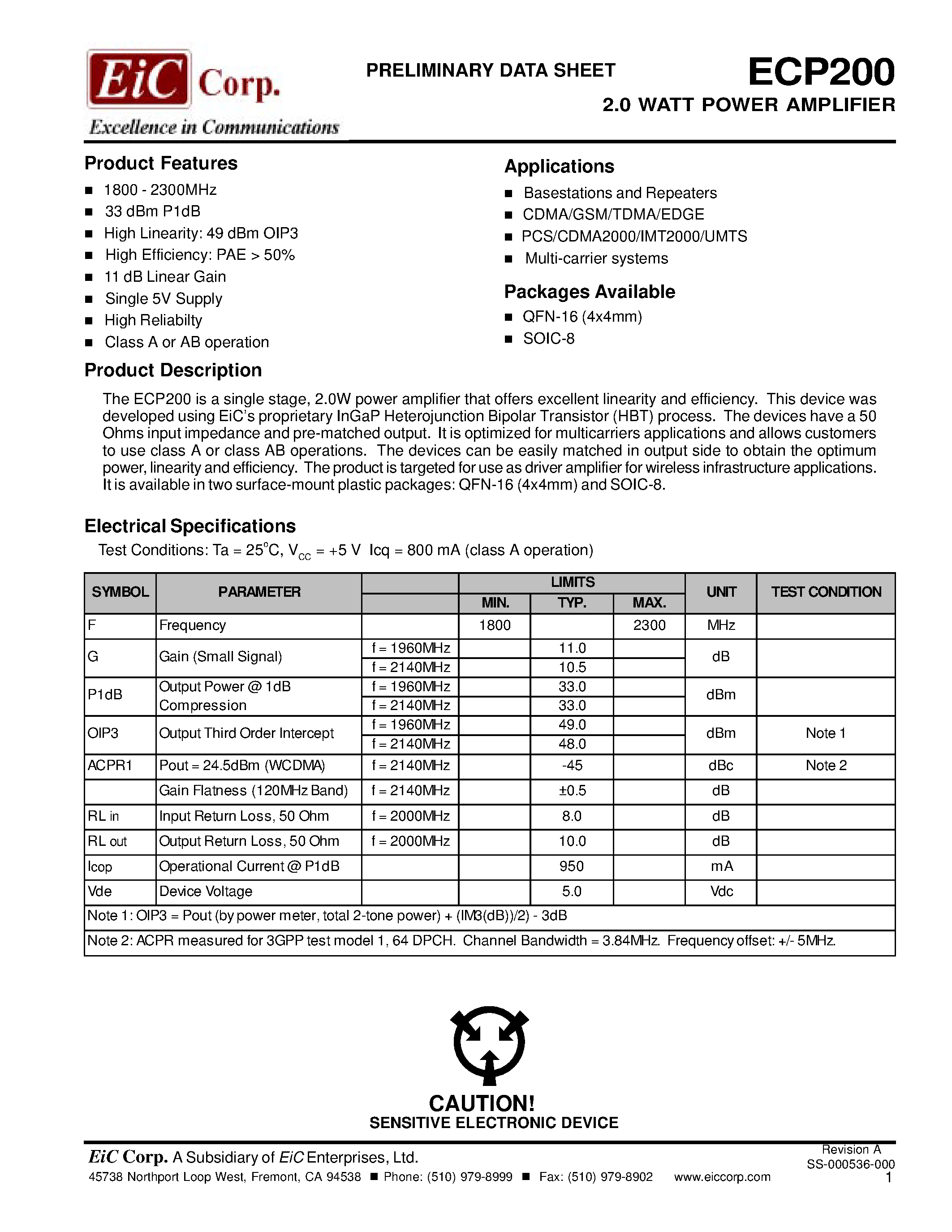 Datasheet ECP200 page 1 Datasheet ECP200 - 2.0 WATT POWER AMPLIFIER page 1