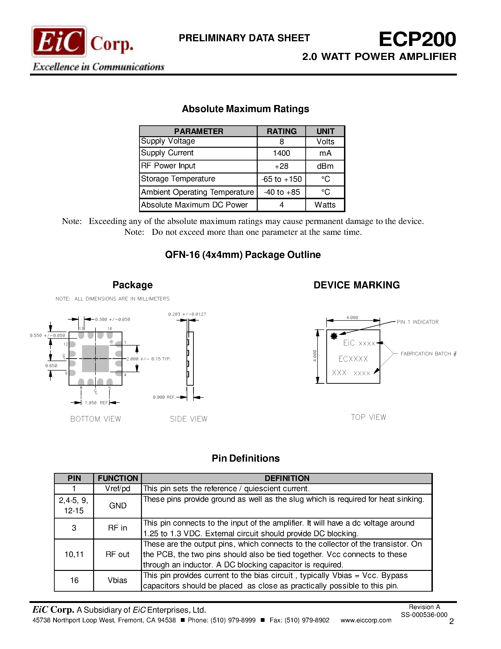 Datasheet ECP200 page 2 Datasheet ECP200 - 2.0 WATT POWER AMPLIFIER page 2