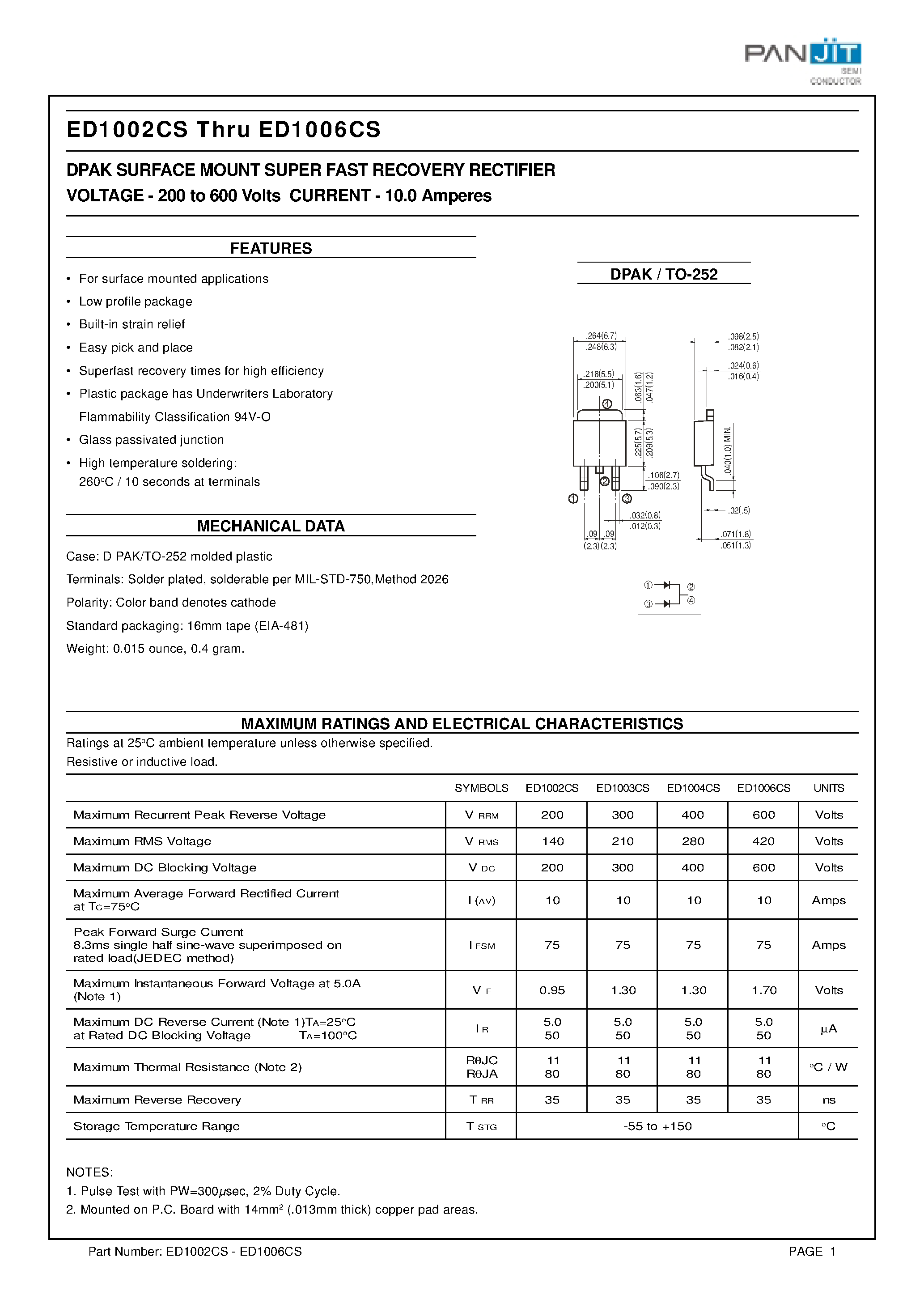Datasheet ED1002CS page 1 Datasheet ED1002CS - DPAK SURFACE MOUNT SUPER FAST RECOVERY RECTIFIER(VOLTAGE - 200 to 600 Volts CURRENT - 10.0 Amperes) page 1
