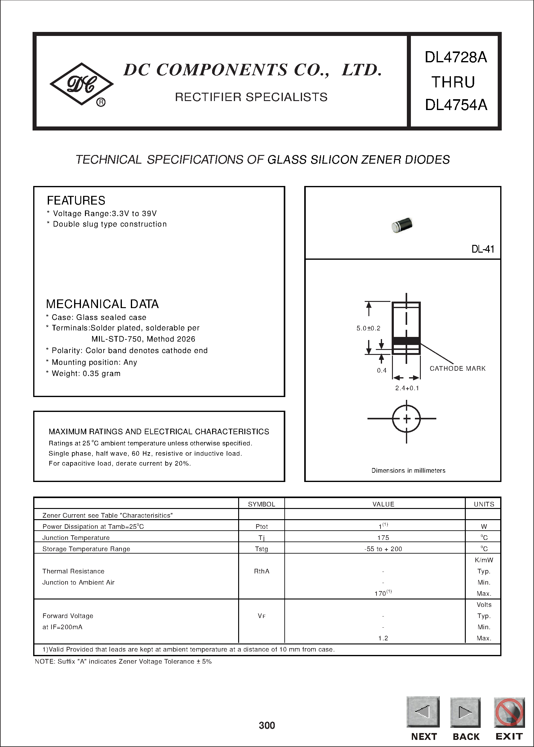 Даташит на микросхему DL4754A страница 1 Даташит DL4754A - TECHNICAL SPECIFICATIONS OF GLASS SILICON ZENER DIODES страница 1