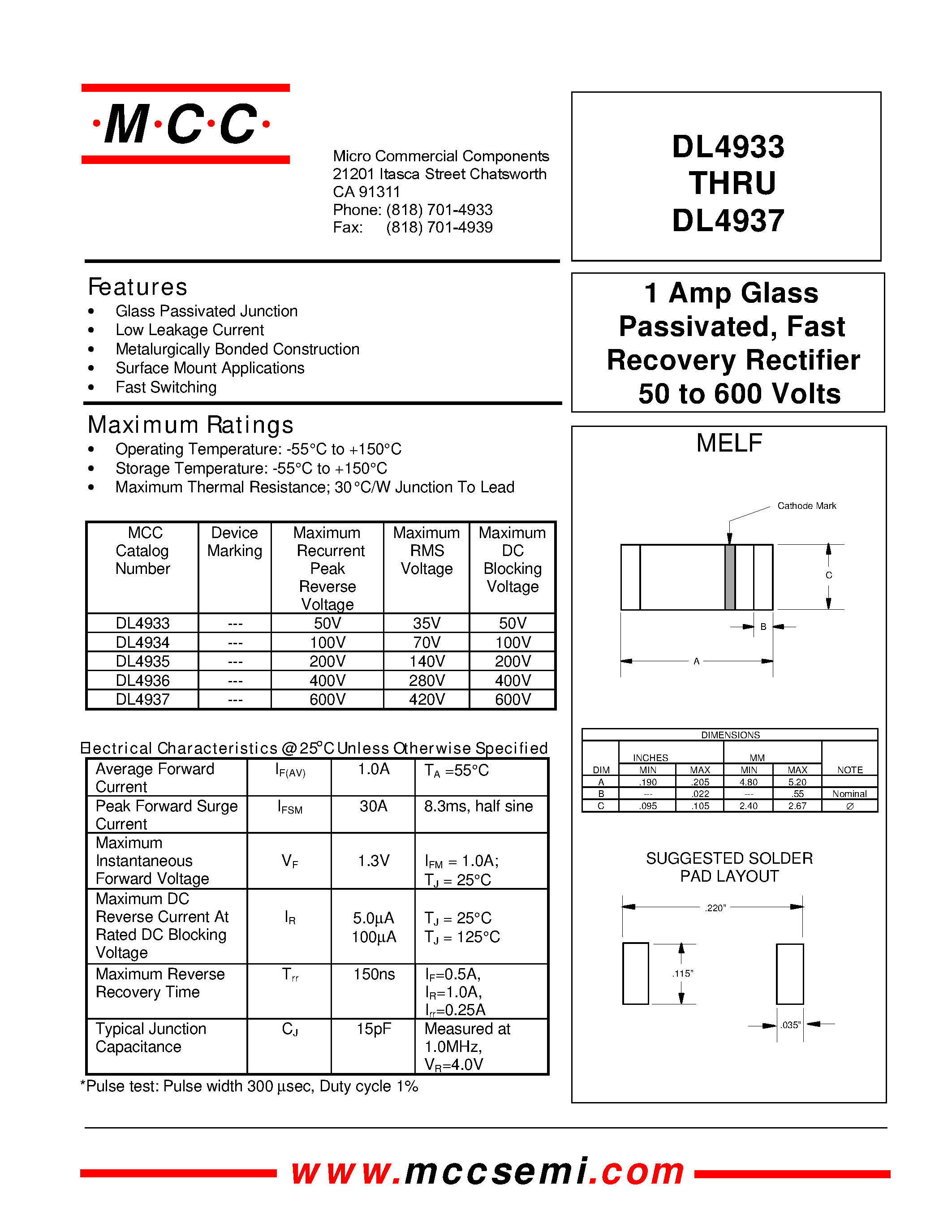 Datasheet DL4933 - 1 Amp Glass Passivated/ Fast Recovery Rectifier 50 to 600 Volts page 1