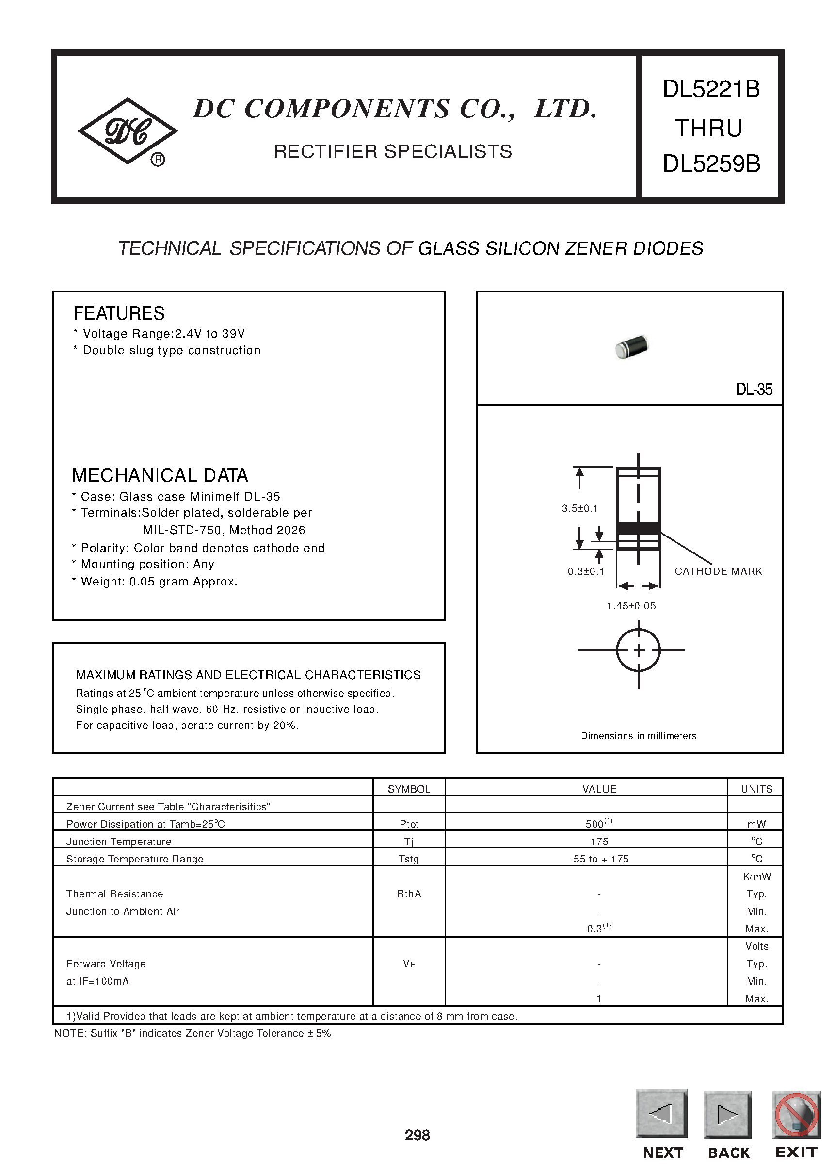 Даташит на микросхему DL5255B страница 1 Даташит DL5255B - TECHNICAL SPECIFICATIONS OF GLASS SILICON ZENER DIODES страница 1