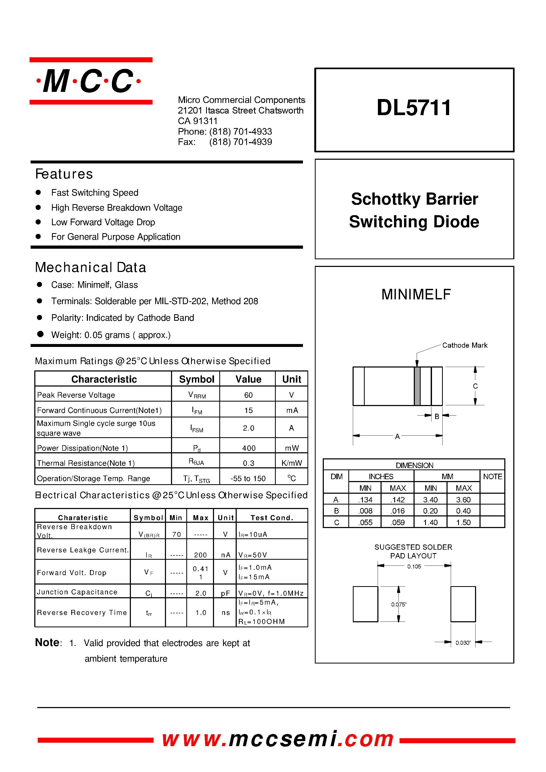Даташит на микросхему DL5711 страница 1 Даташит DL5711 - Schottky Barrier Switching Diode страница 1