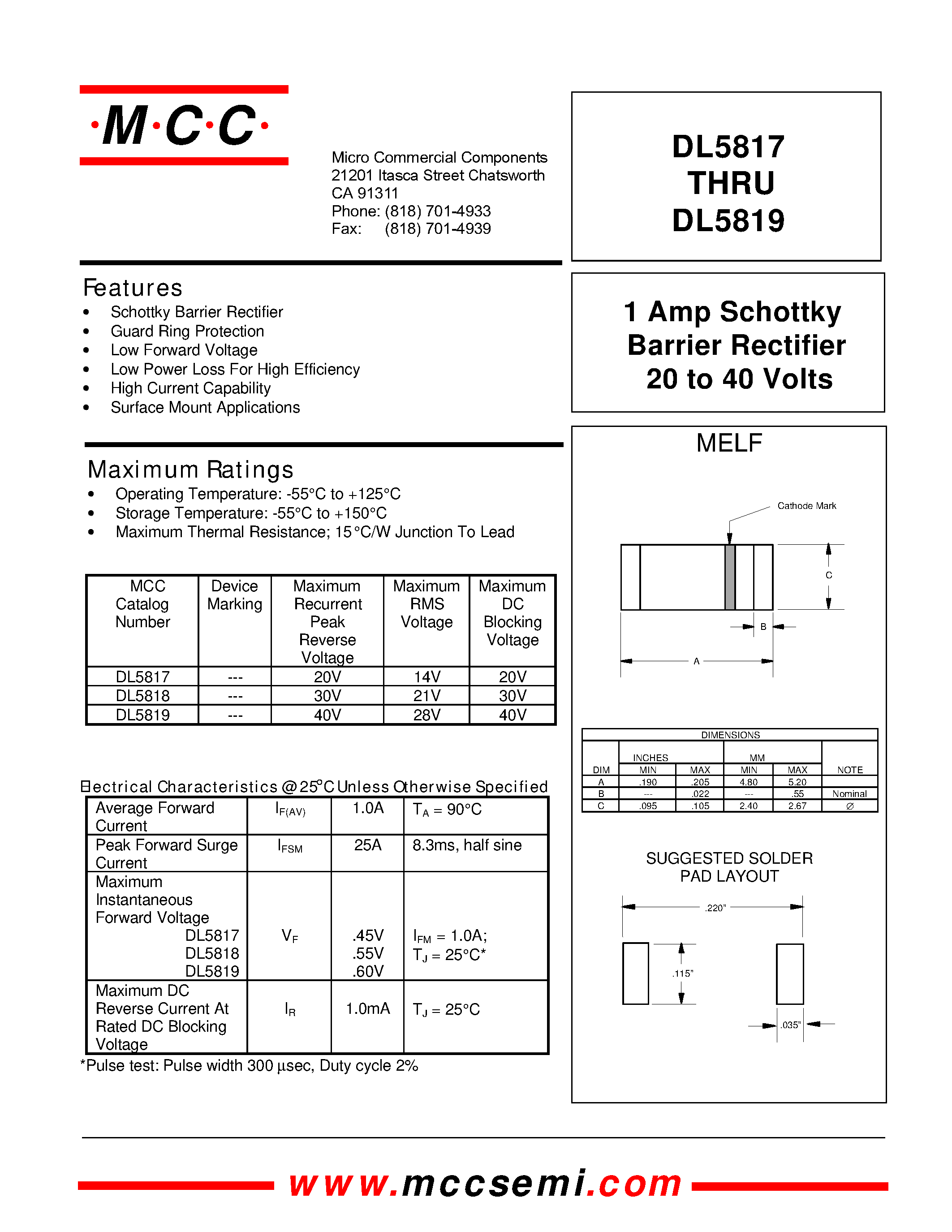 Datasheet DL5819 - 1 Amp Schottky Barrier Rectifier 20 to 40 Volts page 1