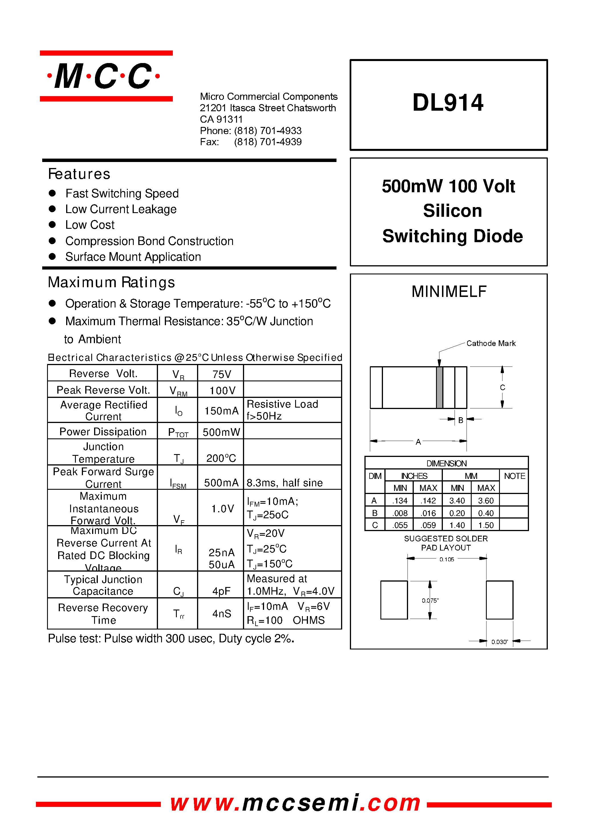 Даташит на микросхему DL914 страница 1 Даташит DL914 - 500mW 100 Volt Silicon Switching Diode страница 1