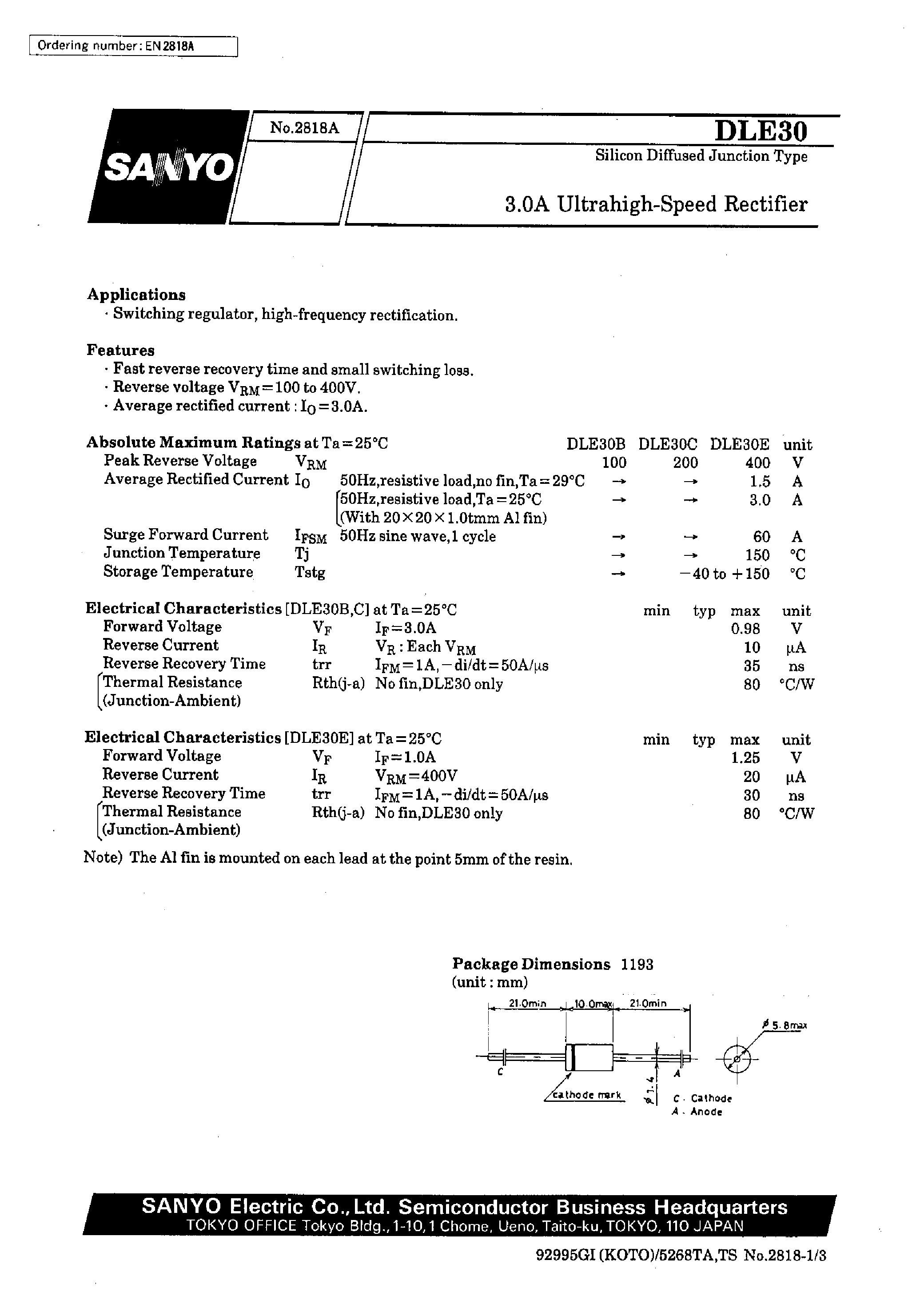 Datasheet DLE30 page 1 Datasheet DLE30 - 3.0A Ultrahigh-Speed Rectifier page 1