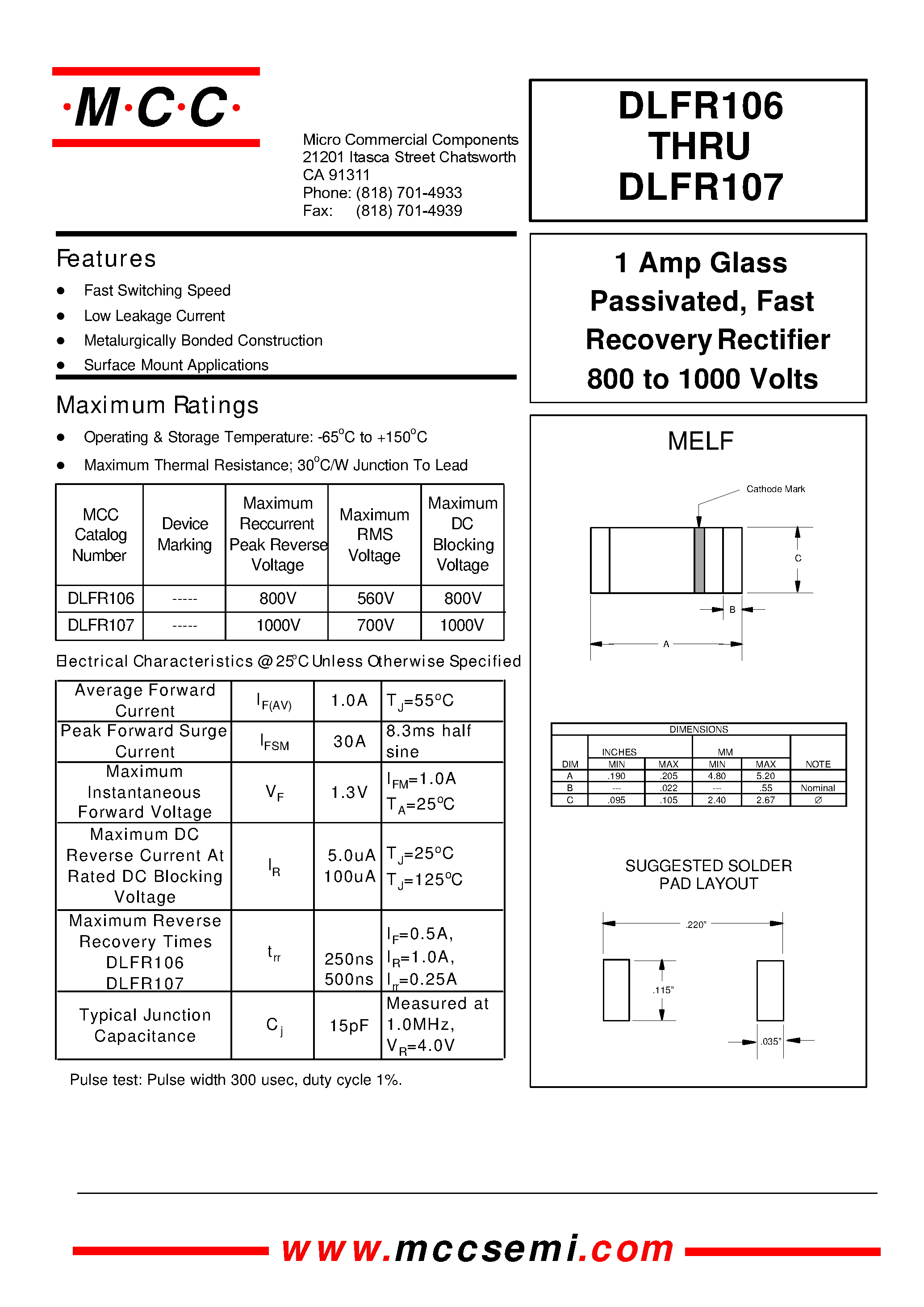 Datasheet DLFR107 - 1 Amp Glass Passivated/ Fast Recovery Rectifier 800 to 1000 Volts page 1