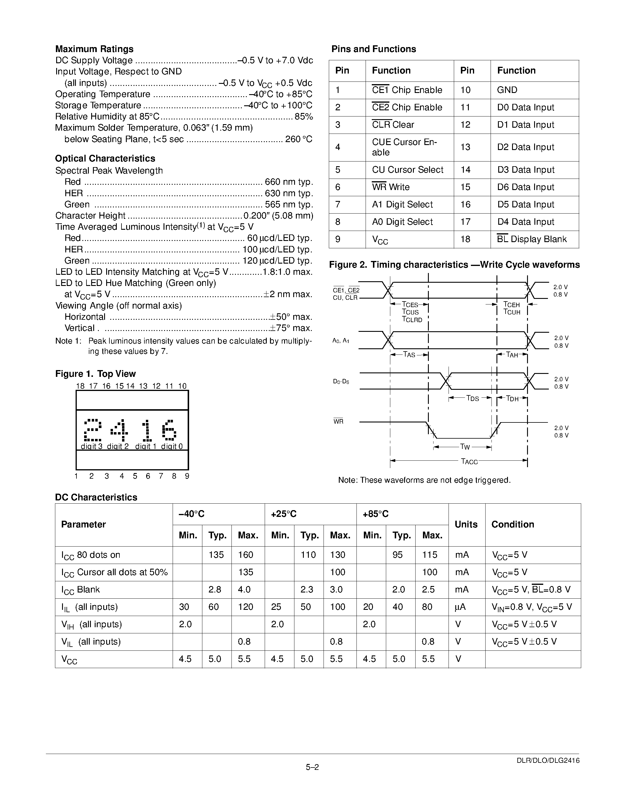 Datasheet DLG2416 - 4-Character 5x7 Dot Matrix Alphanumeric IntelligentDisplay with Memory/Decoder/Driver page 2
