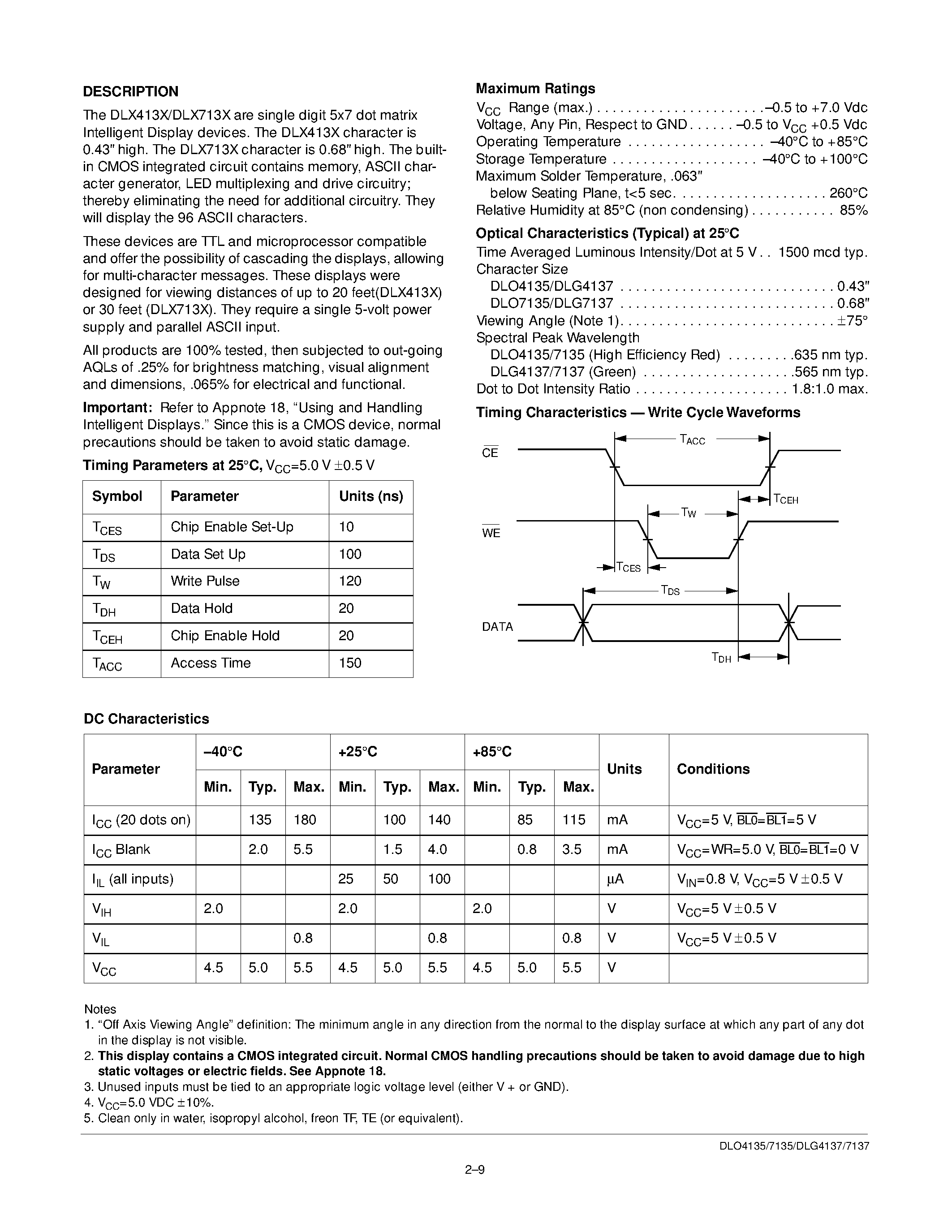Datasheet DLG4137 - 43/68 Single Character DLO4135/7 5x7 Dot Matrix Intelligent Display page 2