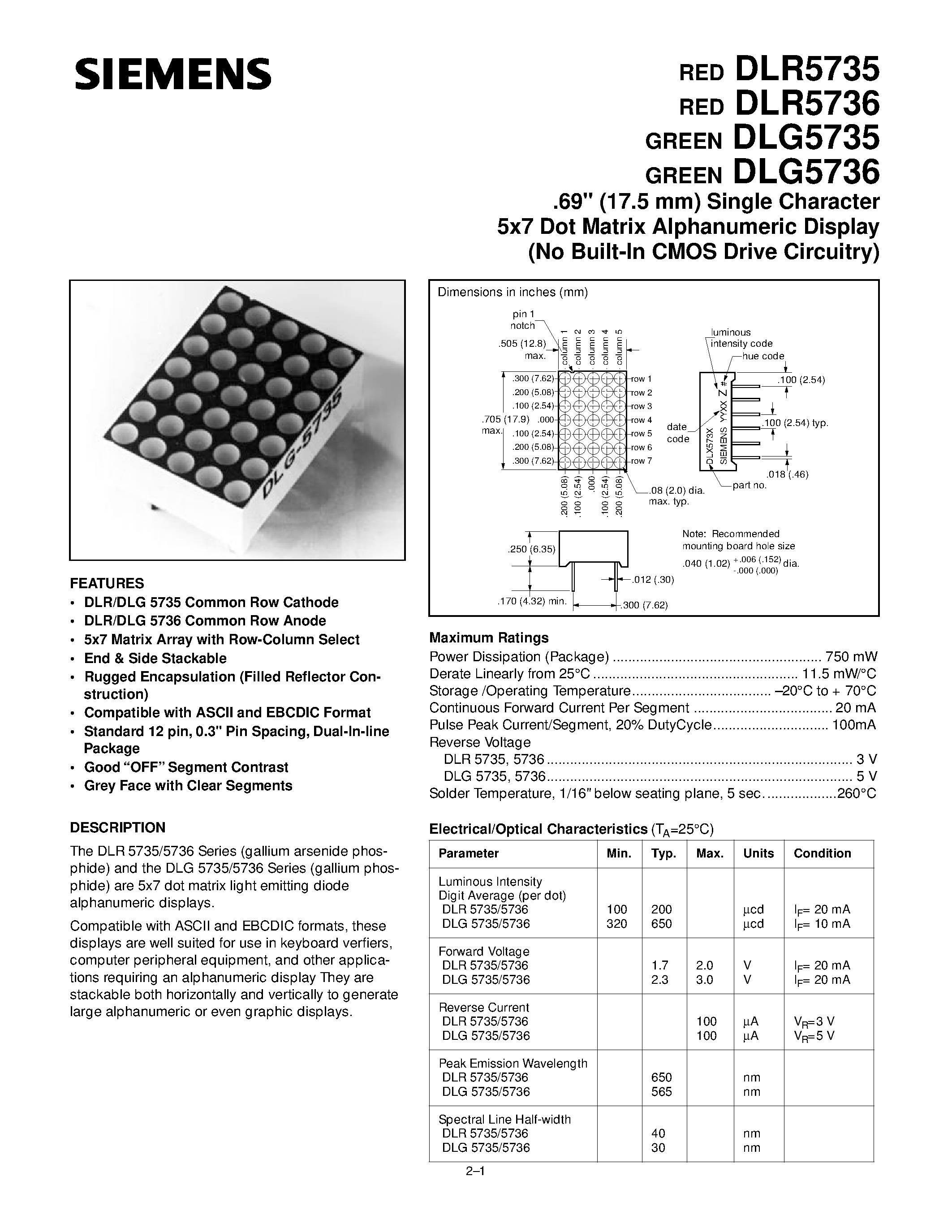 Datasheet DLG5735 - 17.5 mm Single Character 5x7 Dot Matrix Alphanumeric Display page 1