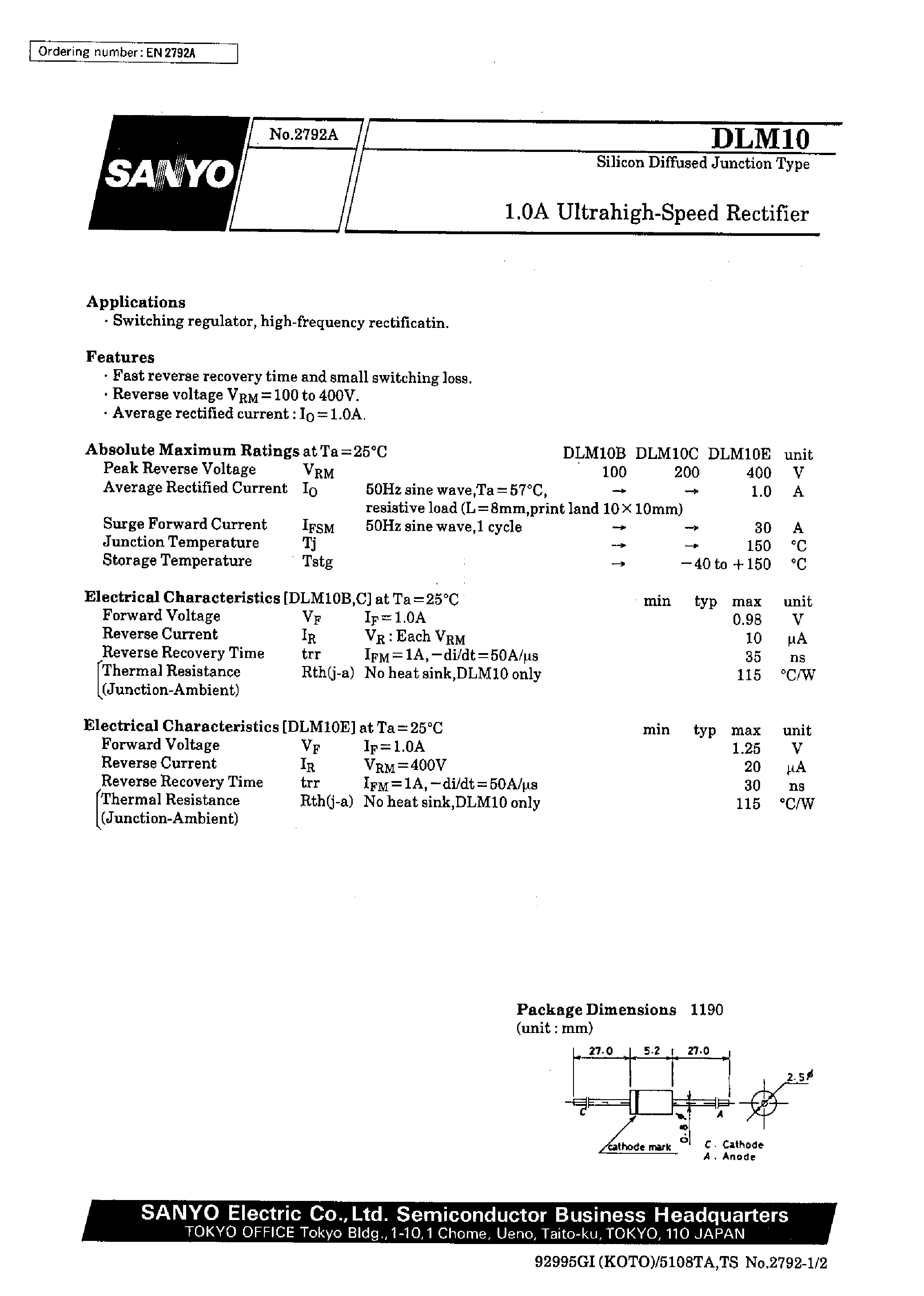 Datasheet DLM10C page 1 Datasheet DLM10C - 1.0A Ultrahigh-Speed Rectifier page 1