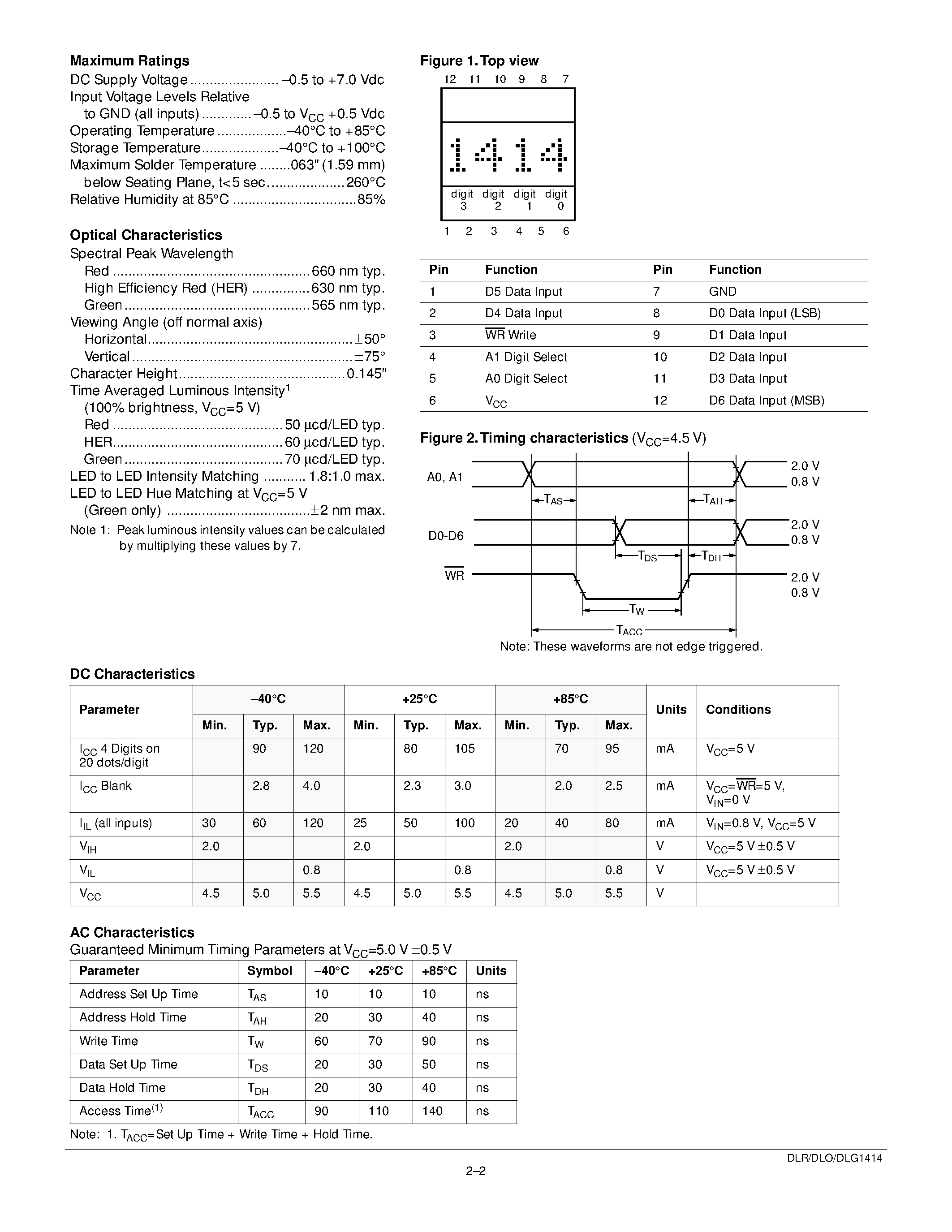 Datasheet DLO1414 - 145 4-character 5 x 7 Dot Matrix Alphanumeric Intelligent Display with Memory/Decoder/Driver page 2