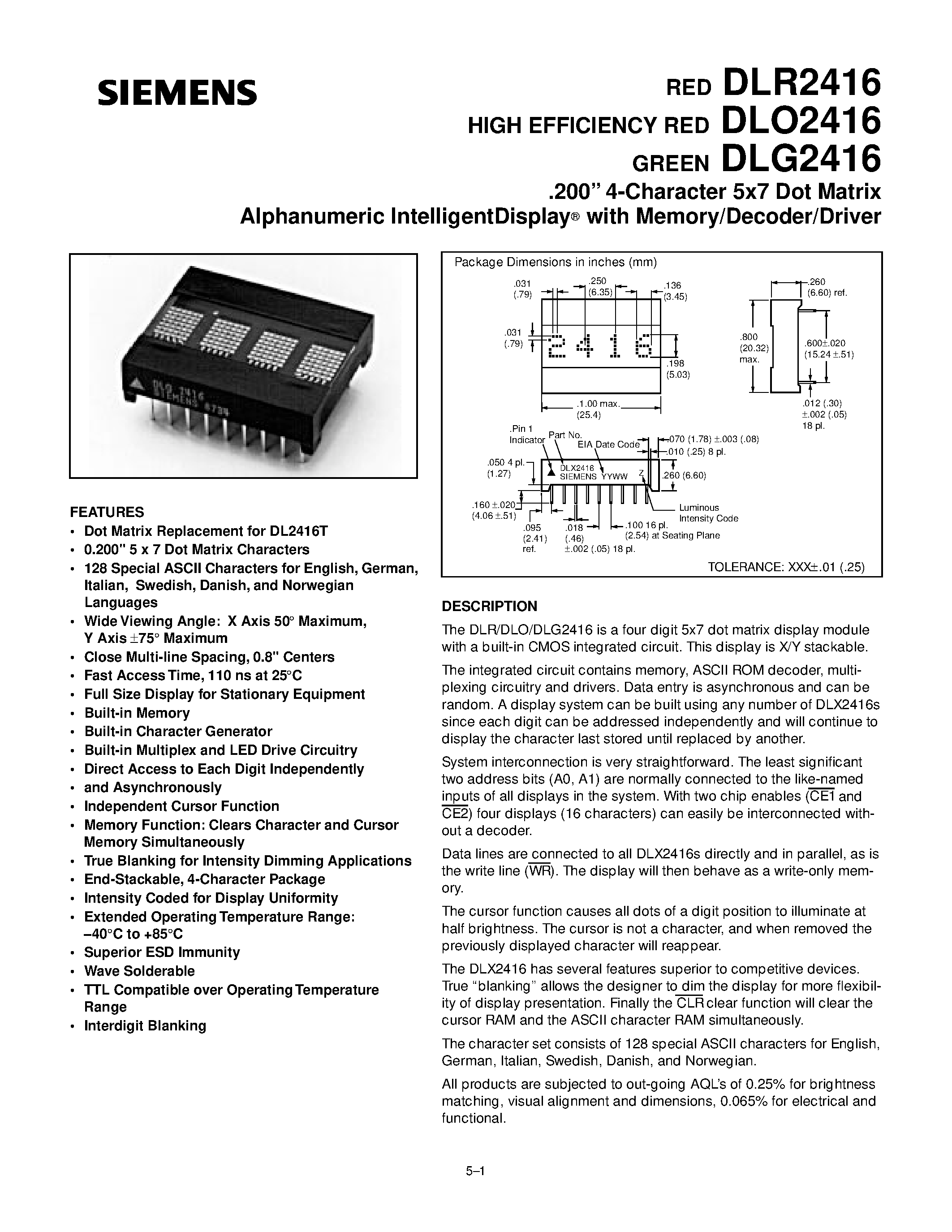 Datasheet DLO2416 - 4-Character 5x7 Dot Matrix Alphanumeric IntelligentDisplay with Memory/Decoder/Driver page 1