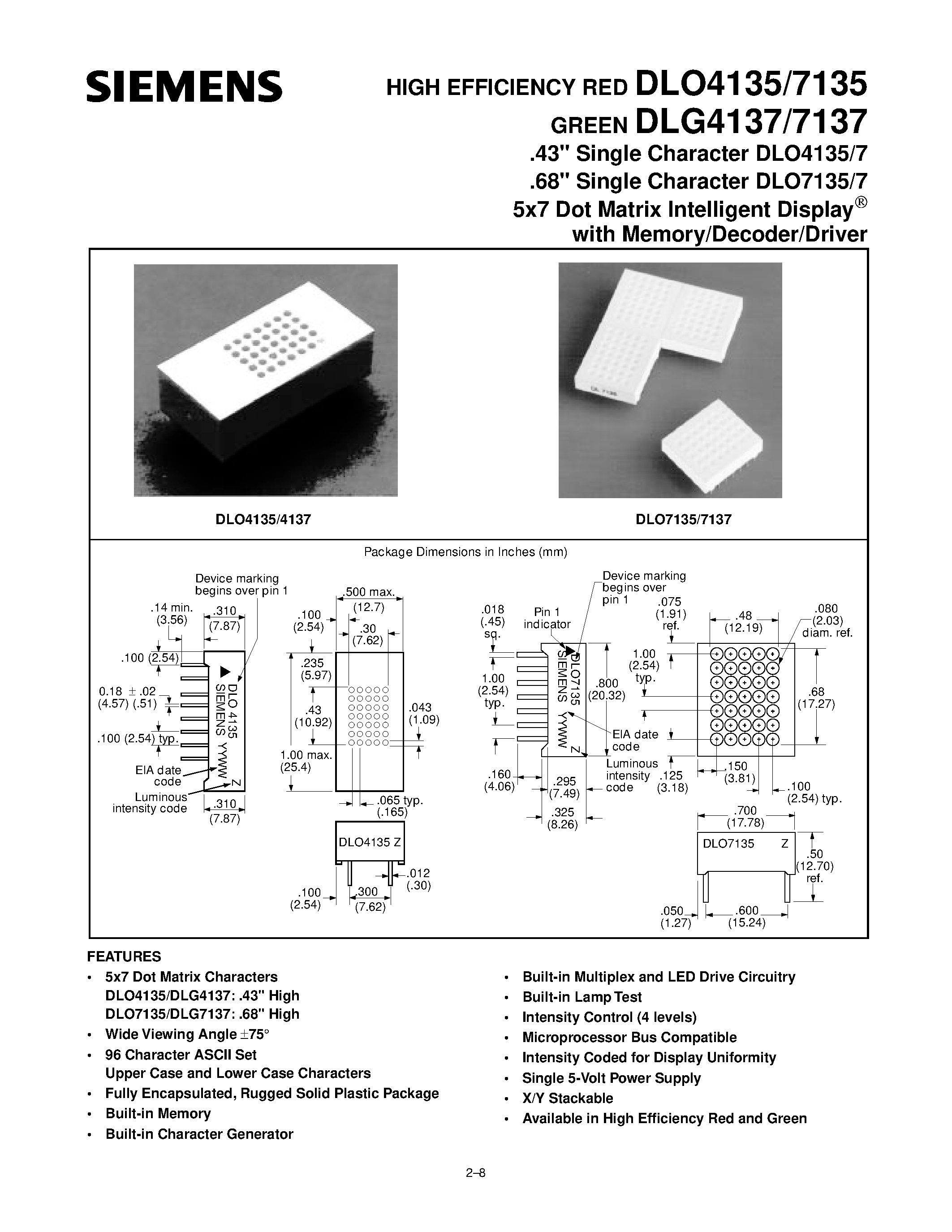 Datasheet DLO7135 - 43/68 Single Character DLO4135/7 5x7 Dot Matrix Intelligent Display page 1