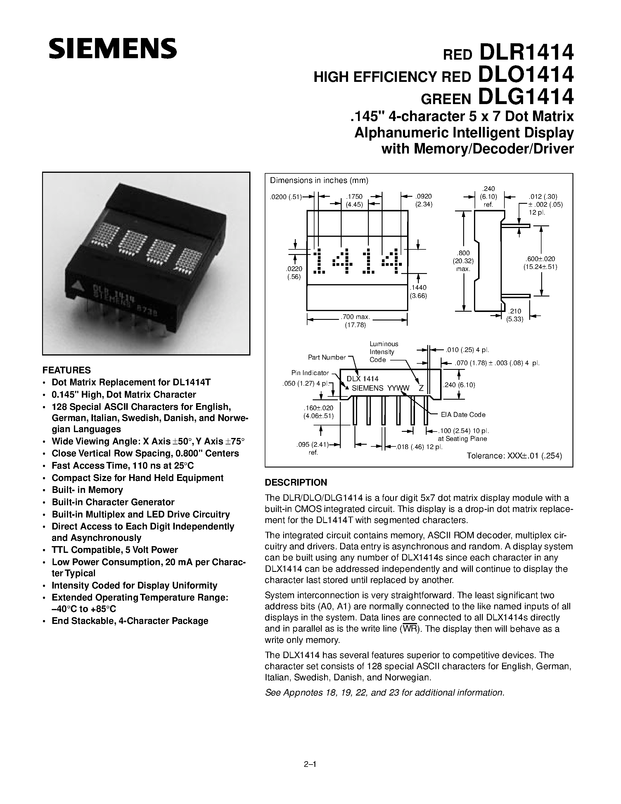 Datasheet DLR1414 - 145 4-character 5 x 7 Dot Matrix Alphanumeric Intelligent Display with Memory/Decoder/Driver page 1