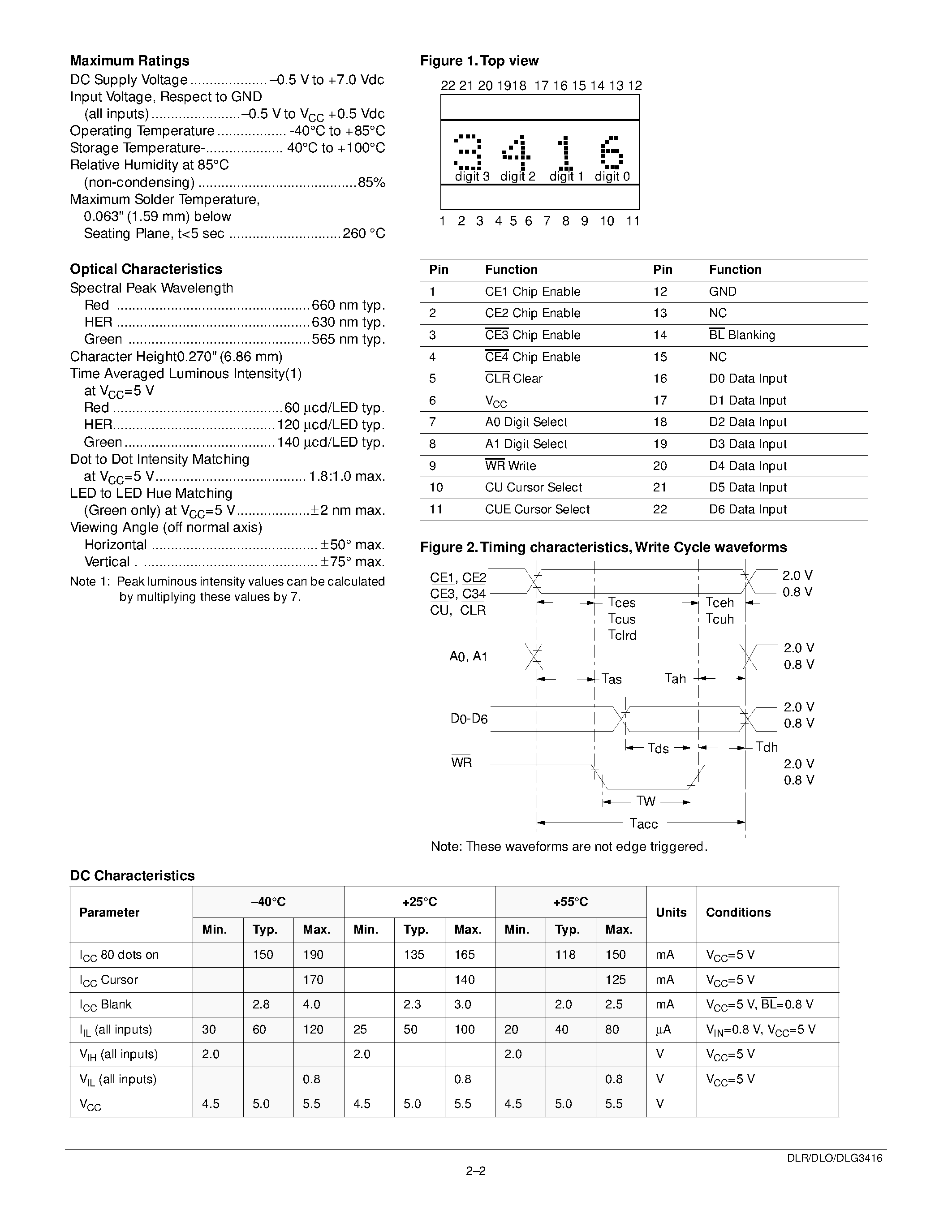 Datasheet DLR3416 - ".270"" 4-character 5 x 7 Dot Matrix Alphanumeric Intelligent Display with Memory/Decoder/Drive" page 2