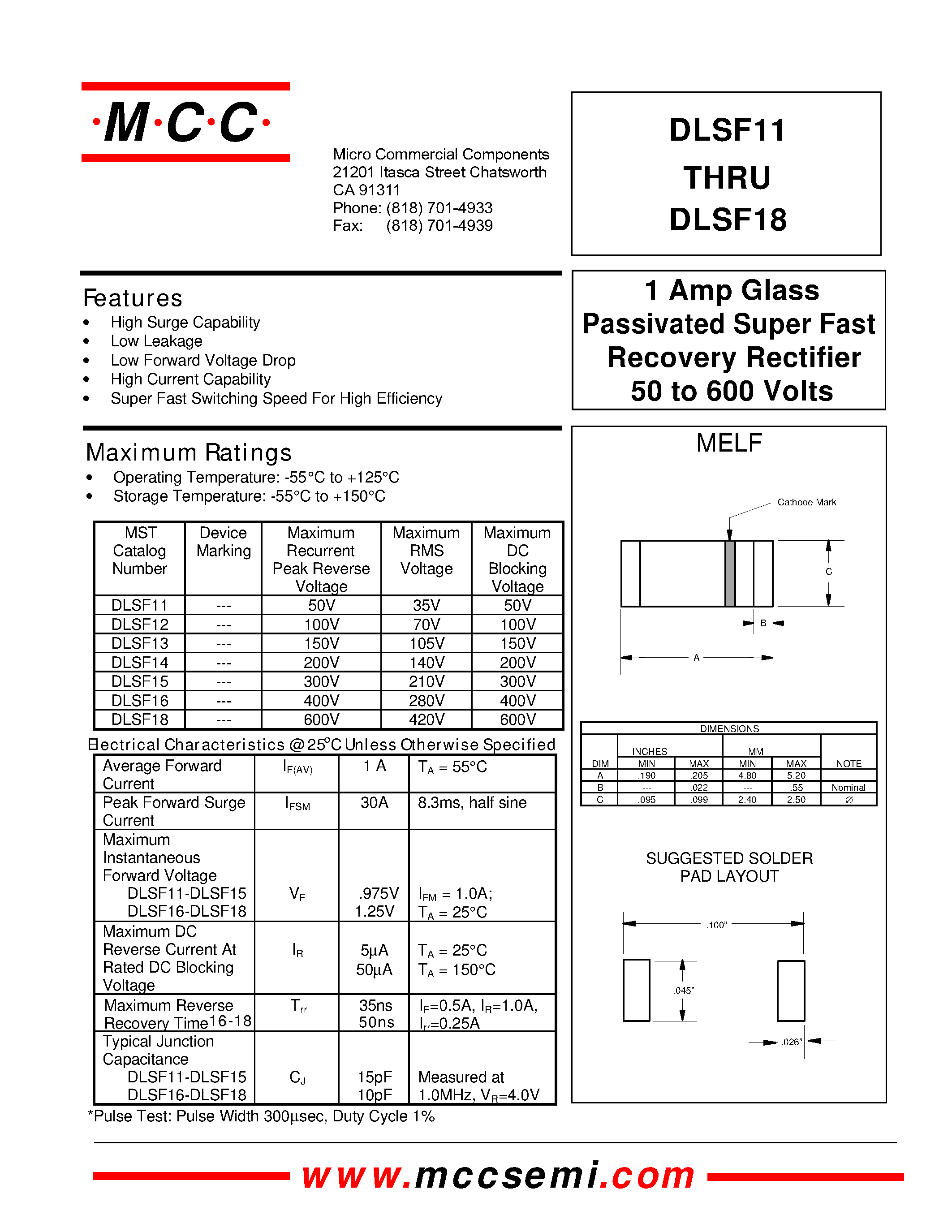 Datasheet DLSF18 page 1 Datasheet DLSF18 - 1 Amp Glass Passivated Super Fast Recovery Rectifier 50 to 600 Volts page 1