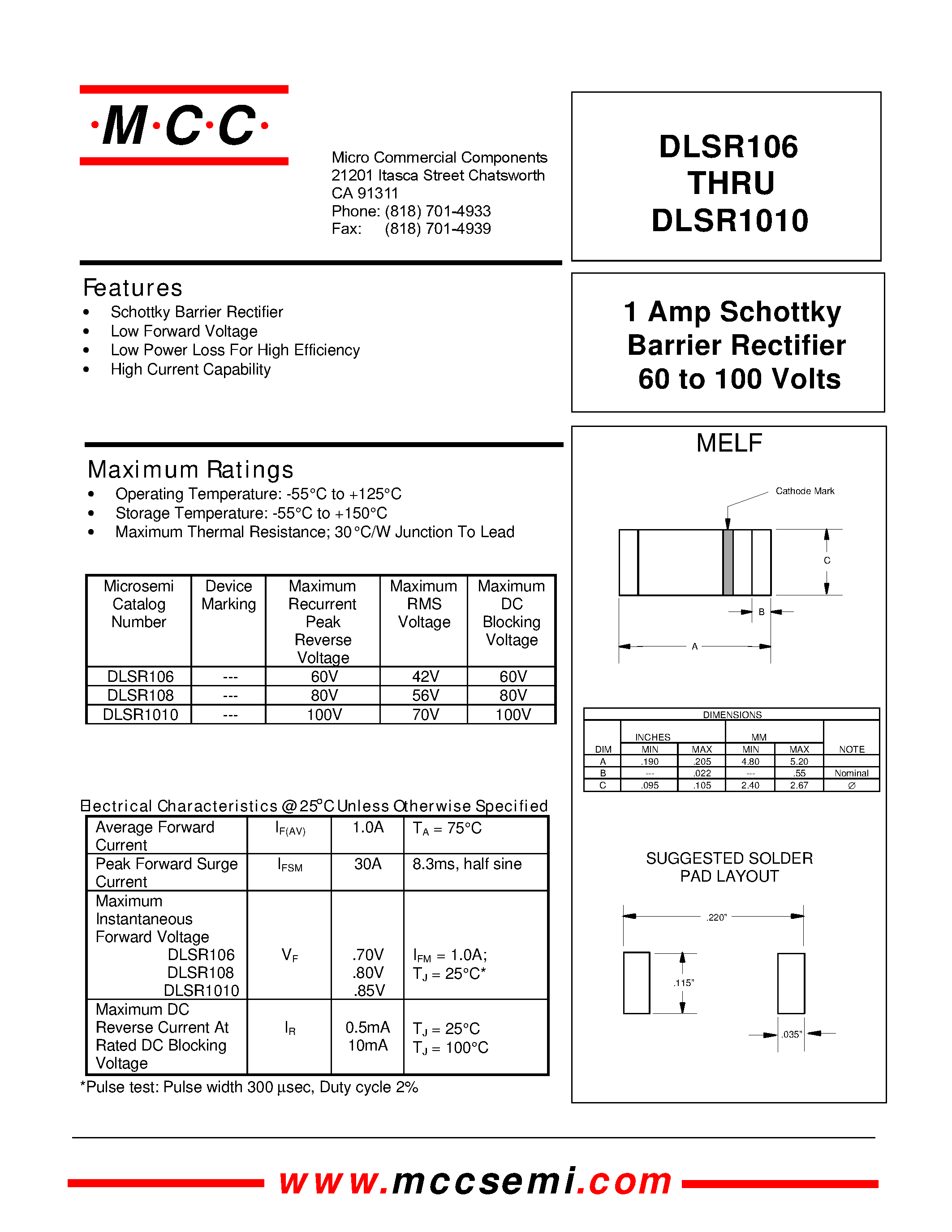 Datasheet DLSR1010 page 1 Datasheet DLSR1010 - 1 Amp Schottky Barrier Rectifier 60 to 100 Volts page 1
