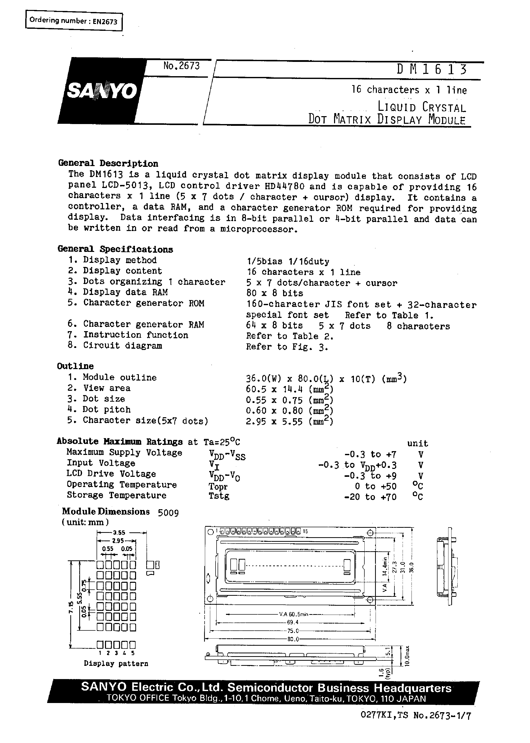 Даташит на микросхему DM1613 страница 1 Даташит DM1613 - 16 characters x 1 line Liquid Crystal Dot Matrix Display Module страница 1