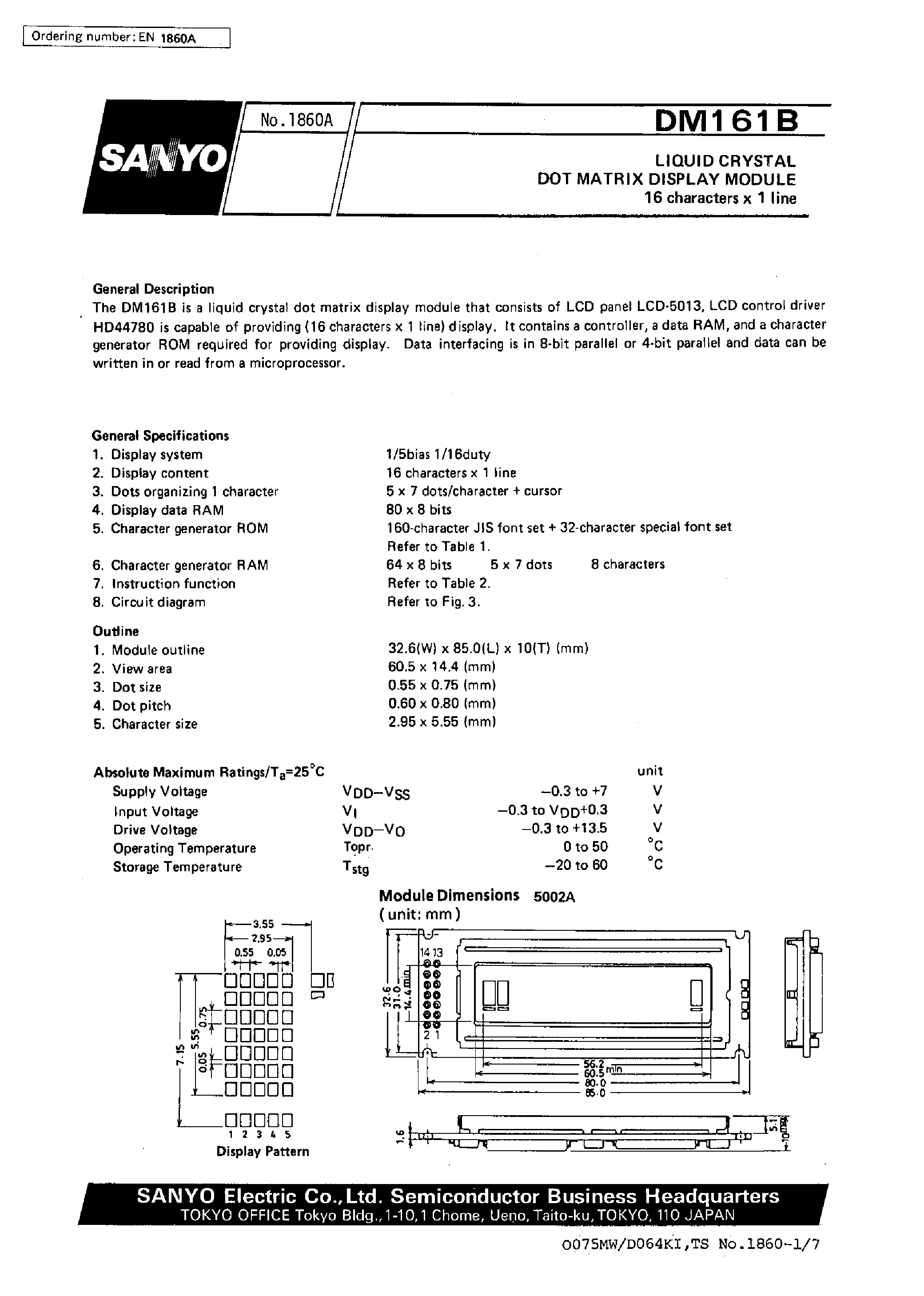 Datasheet DM161B - 16 characters x 1 line Liquid Crystal Dot Matrix Display Module page 1