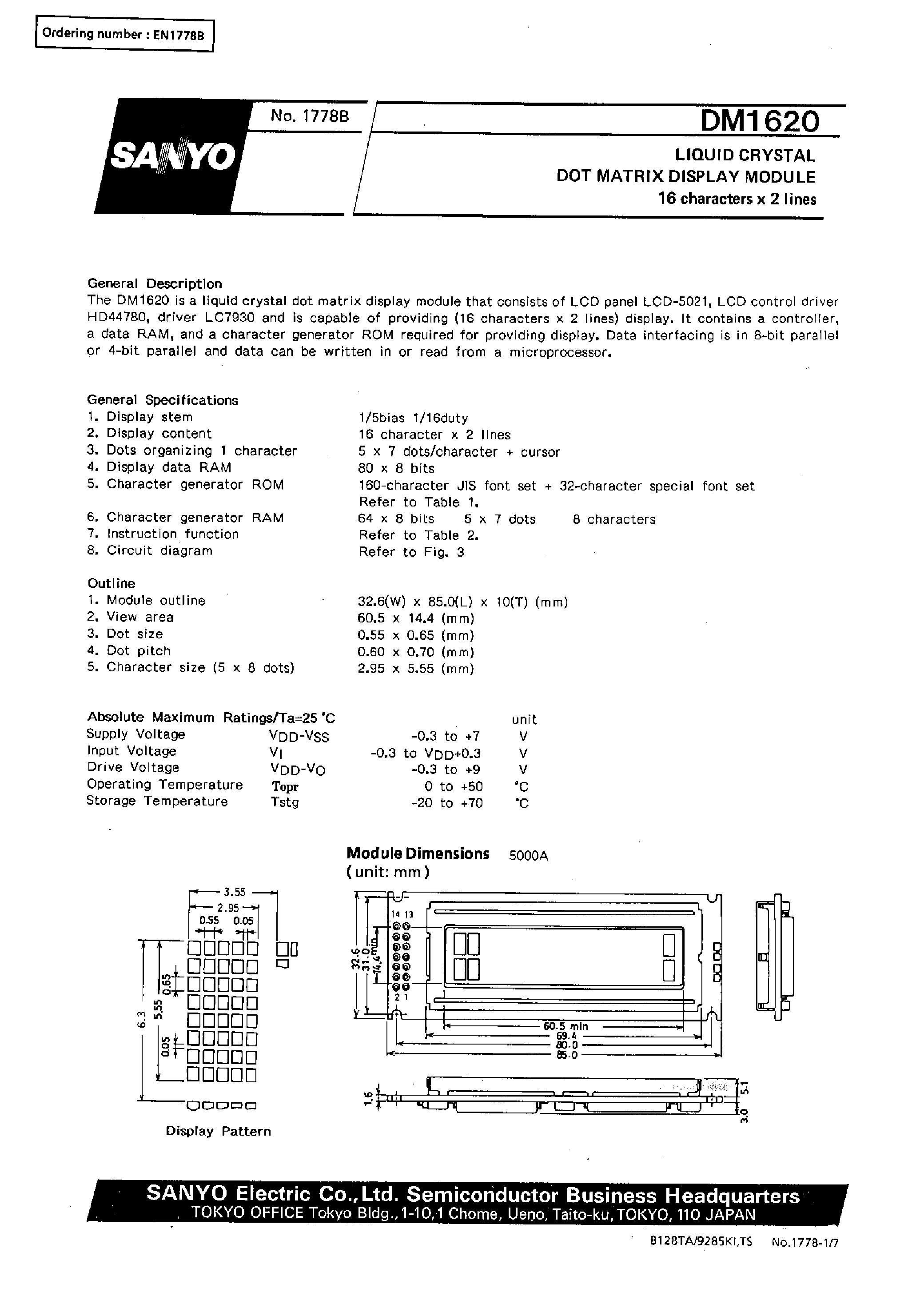 Datasheet DM1620 page 1 Datasheet DM1620 - 16 characters x 2 line Liquid Crystal Dot Matrix Display Module page 1