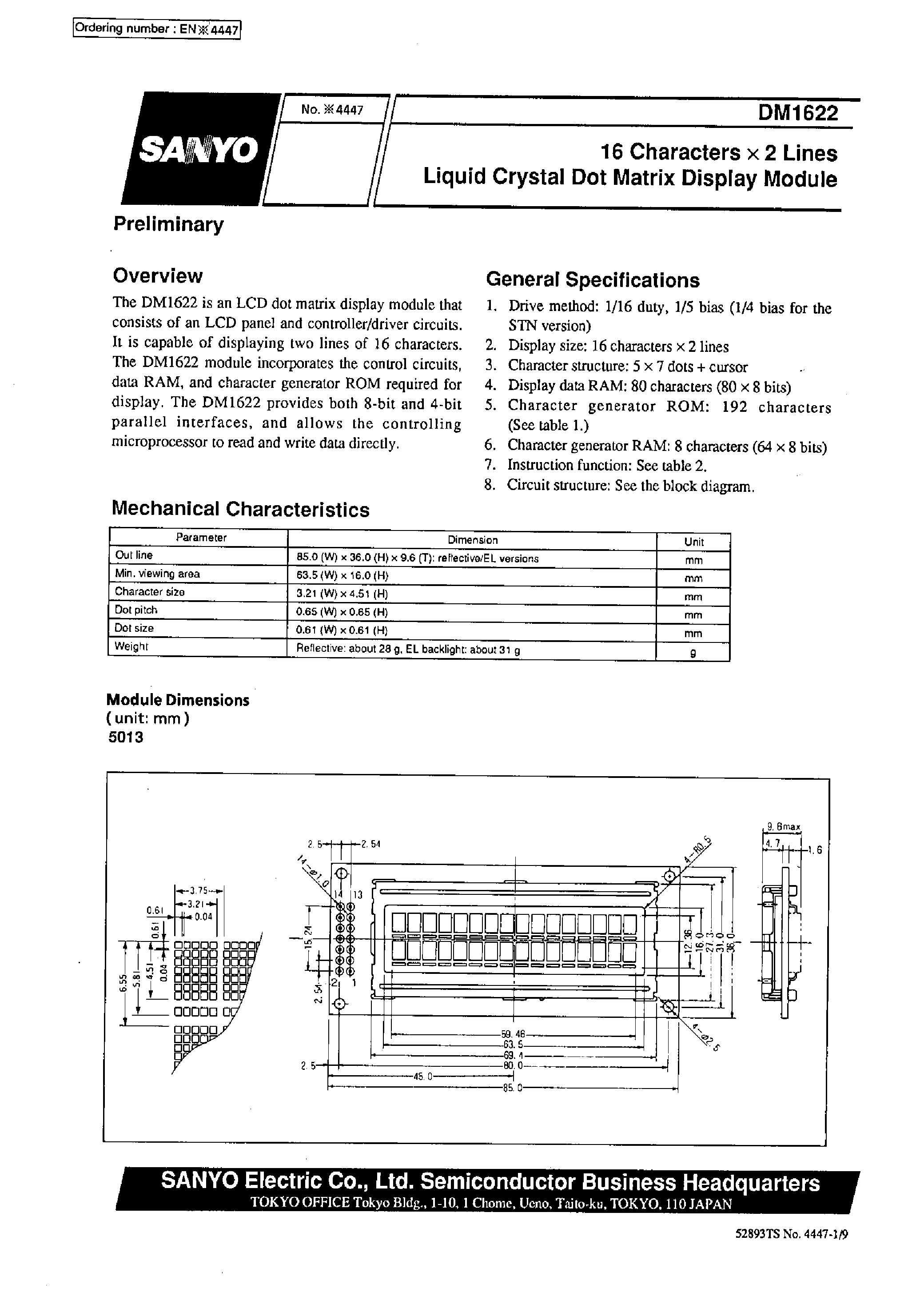 Datasheet DM1622-0AE1 - 16 characters x 2 line Liquid Crystal Dot Matrix Display Module page 1