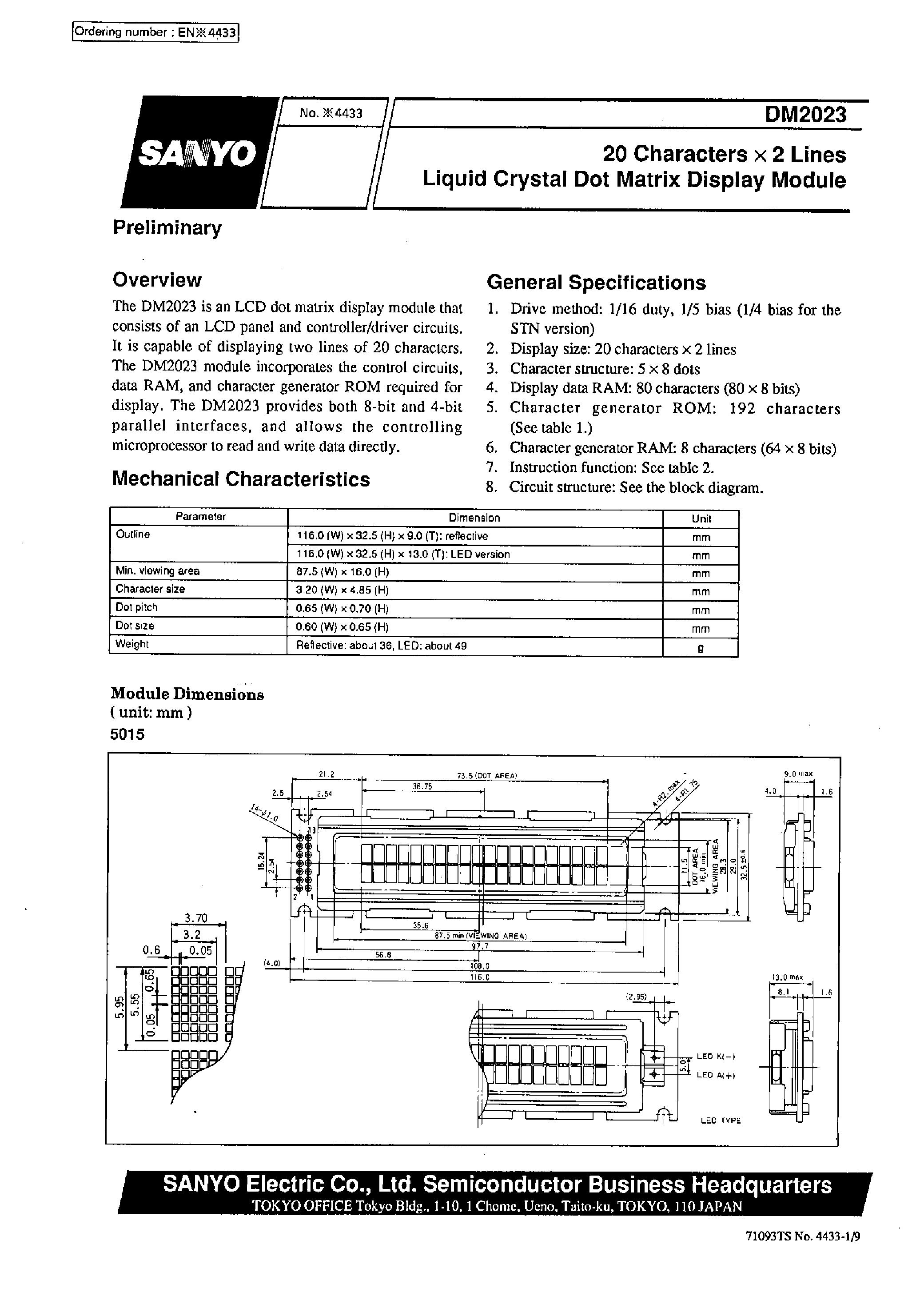 Даташит на микросхему DM2023-0SL3 страница 1 Даташит DM2023-0SL3 - 20 characters x 2 line Liquid Crystal Dot Matrix Display Module страница 1