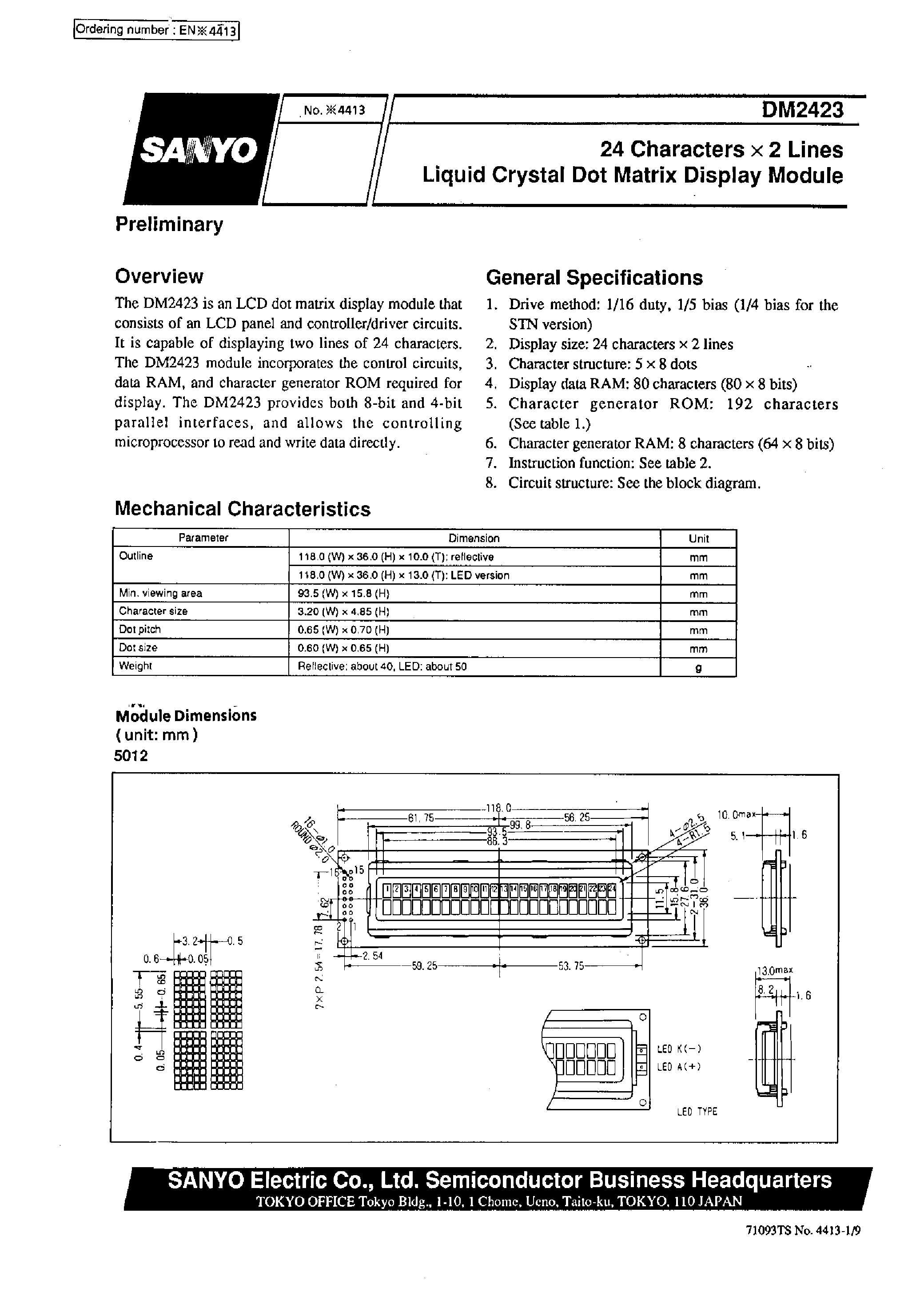 Datasheet DM2423 - 24 characters x 2 line Liquid Crystal Dot Matrix Display Module page 1