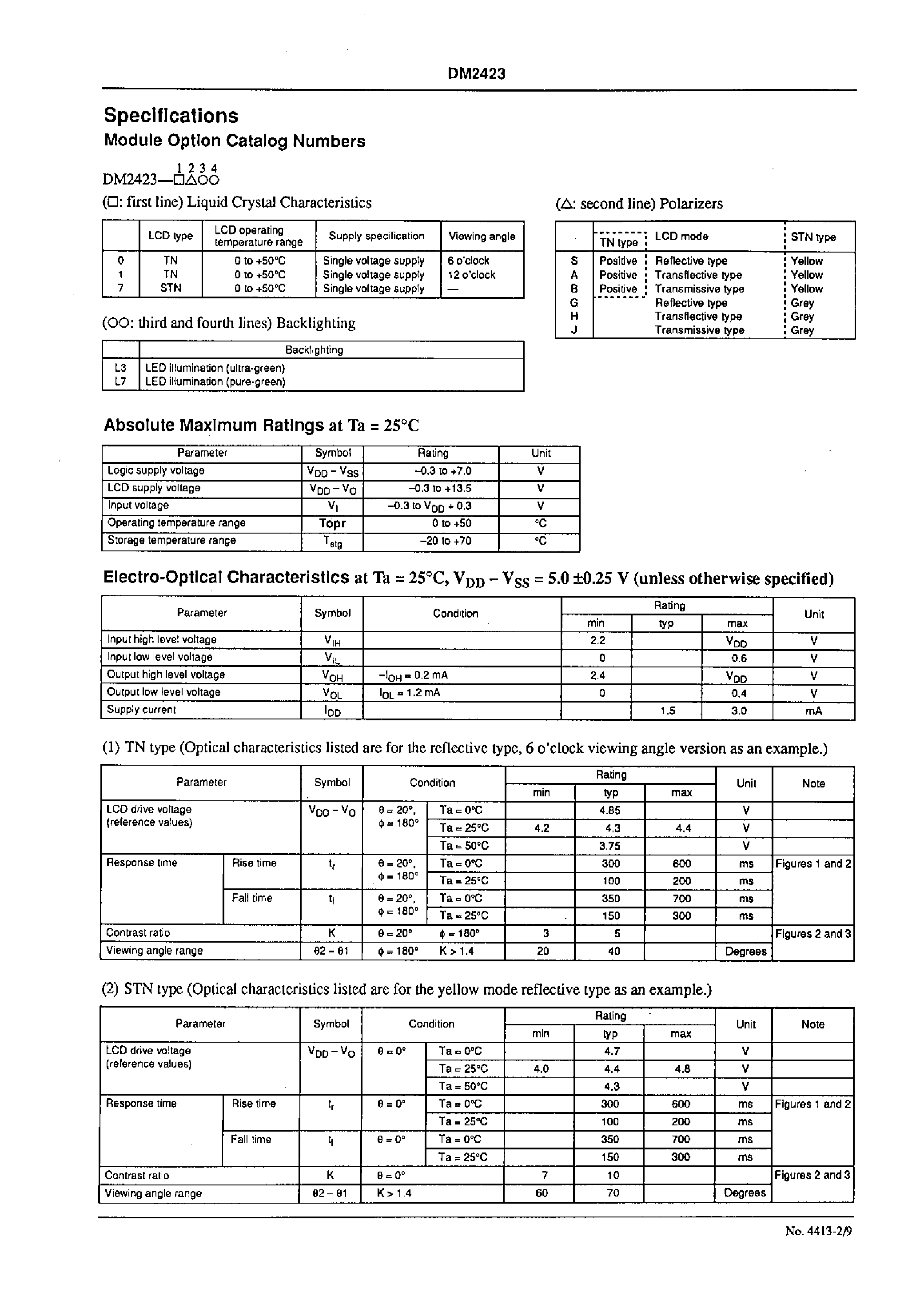 Datasheet DM2423-1HL3 - 24 characters x 2 line Liquid Crystal Dot Matrix Display Module page 2