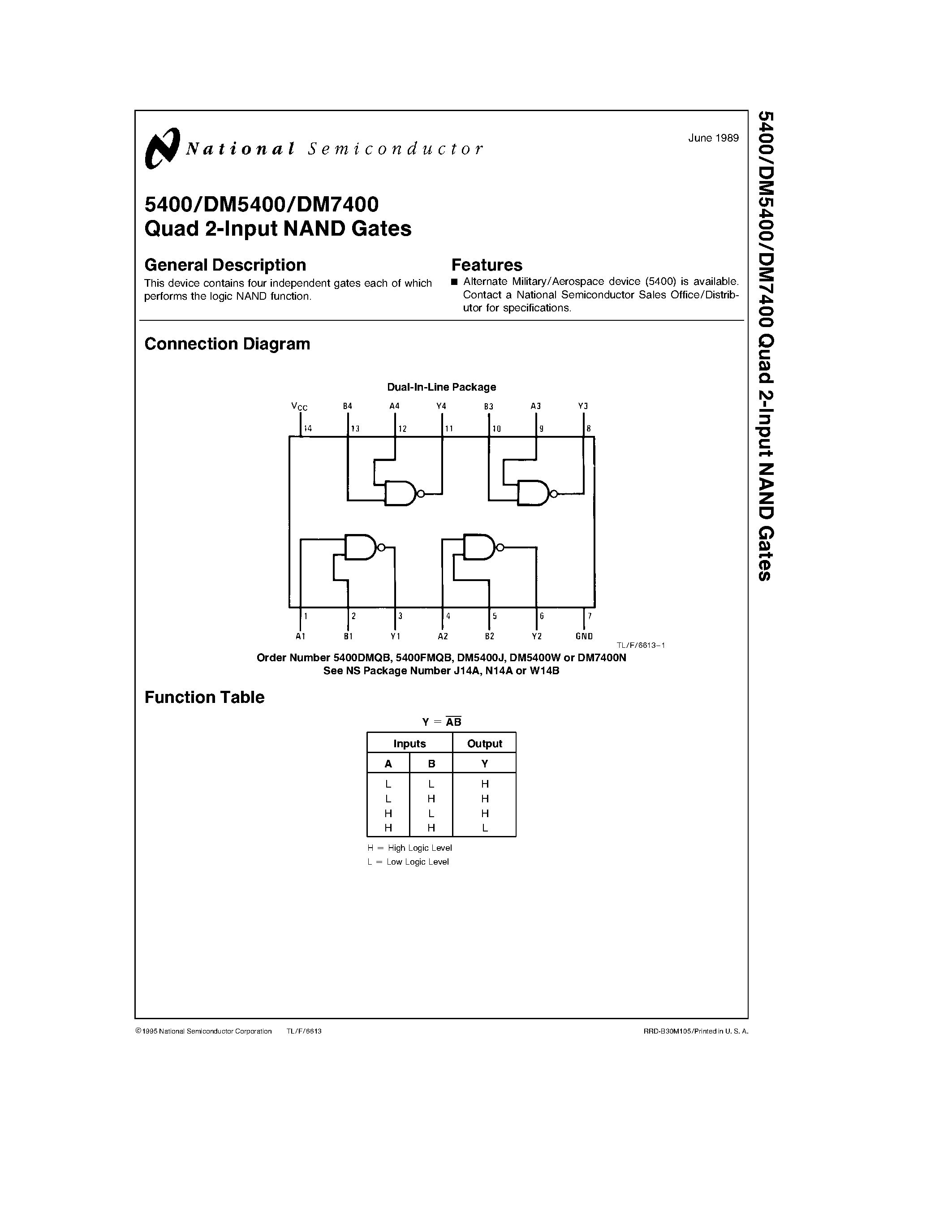 Даташит на микросхему DM5400W страница 1 Даташит DM5400W - Quad 2-Input NAND Gates страница 1