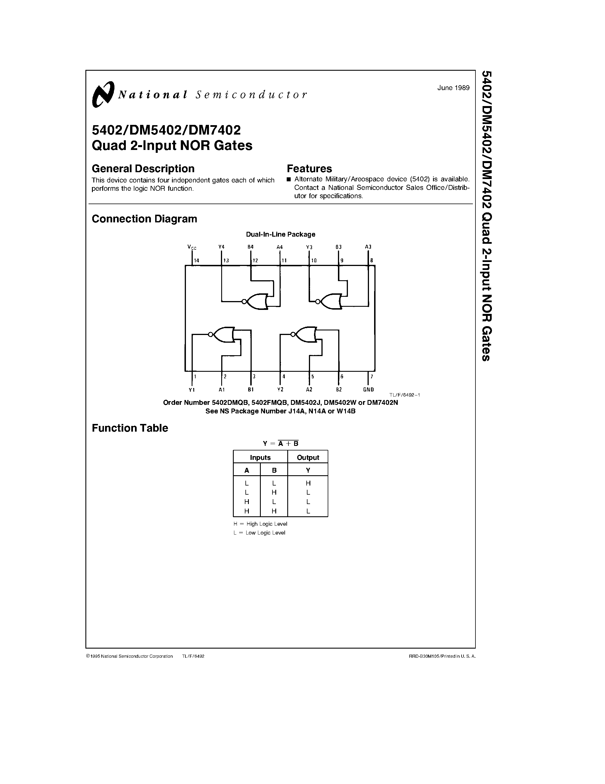 Даташит на микросхему DM5402W страница 1 Даташит DM5402W - Quad 2-Input NOR Gates страница 1