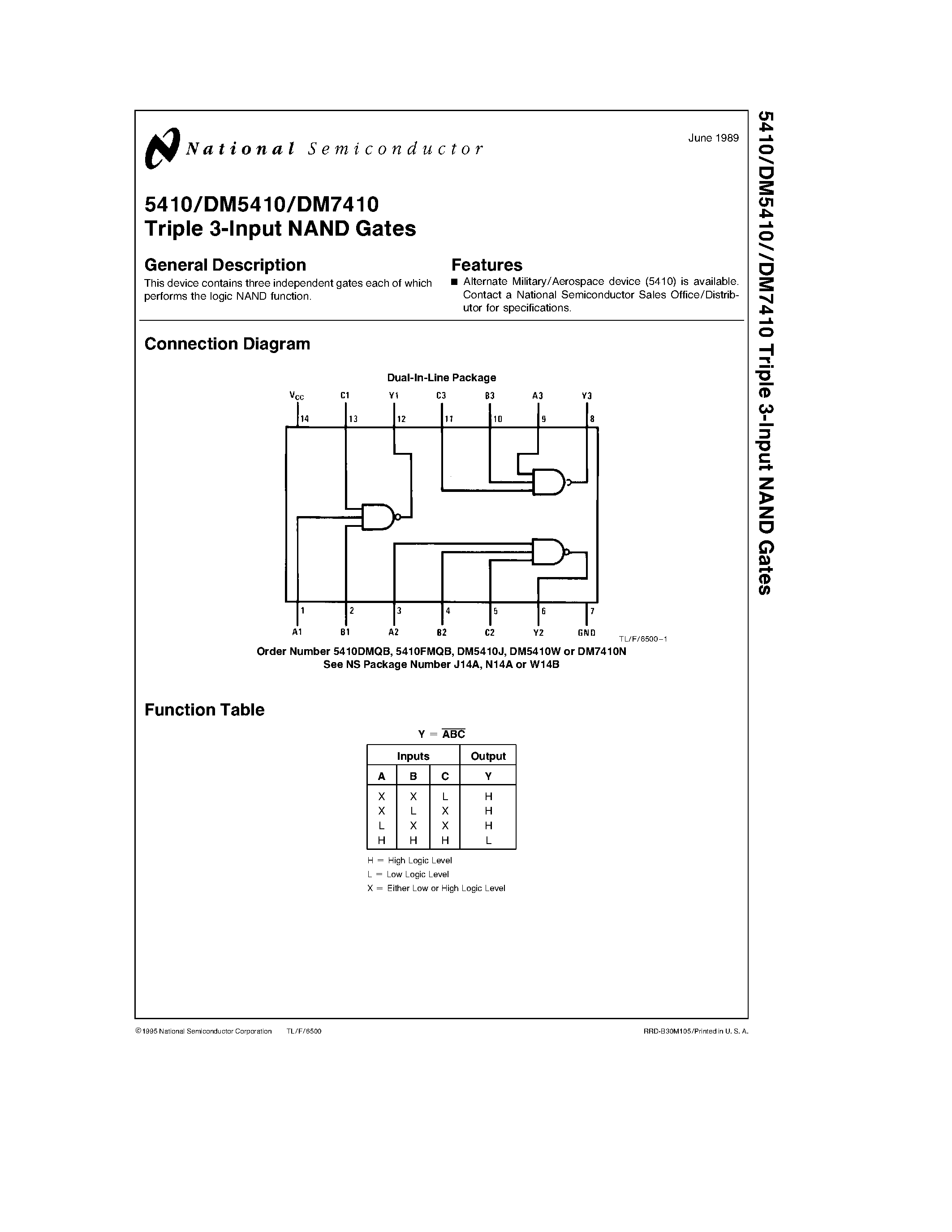 Datasheet DM5410J page 1 Datasheet DM5410J - Triple 3-Input NAND Gates page 1