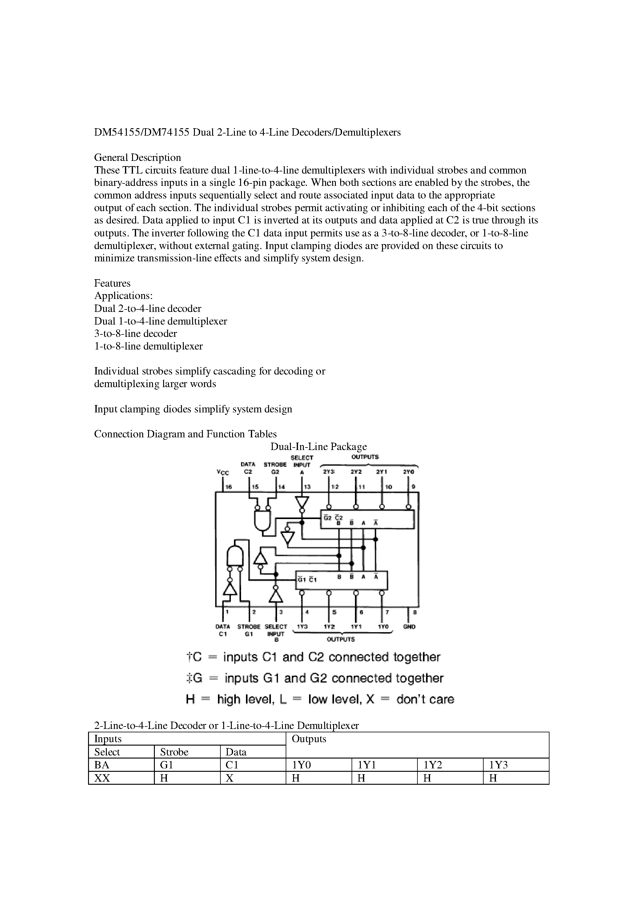 Datasheet DM54155 page 1 Datasheet DM54155 - Dual 2-Line to 4-Line Decoders/Demultiplexers page 1