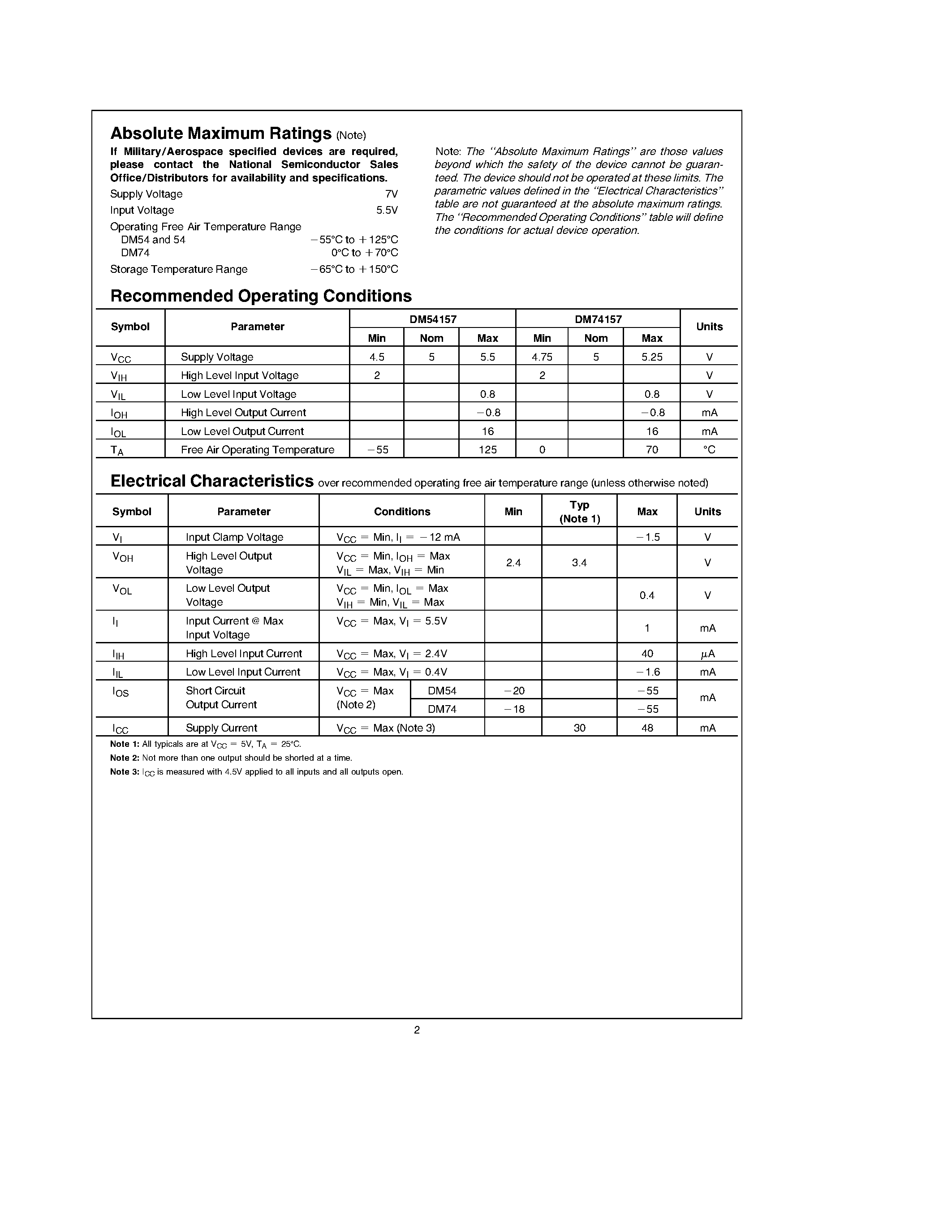 Даташит на микросхему DM54157W страница 2 Даташит DM54157W - Quad 2-Line to 1-Line Data Selectors/Multiplexers страница 2