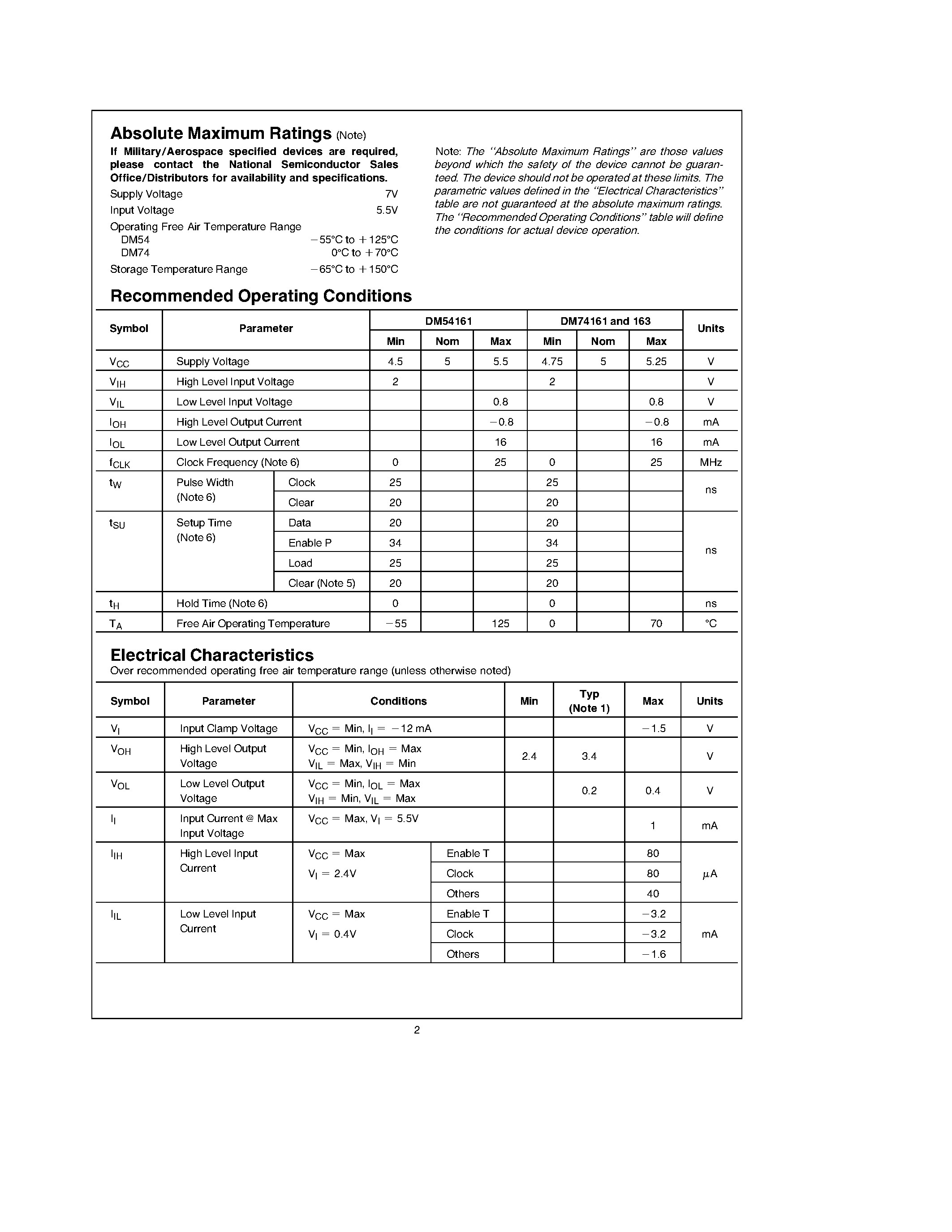 Datasheet DM54161 page 2 Datasheet DM54161 - Synchronous 4-Bit Counters page 2