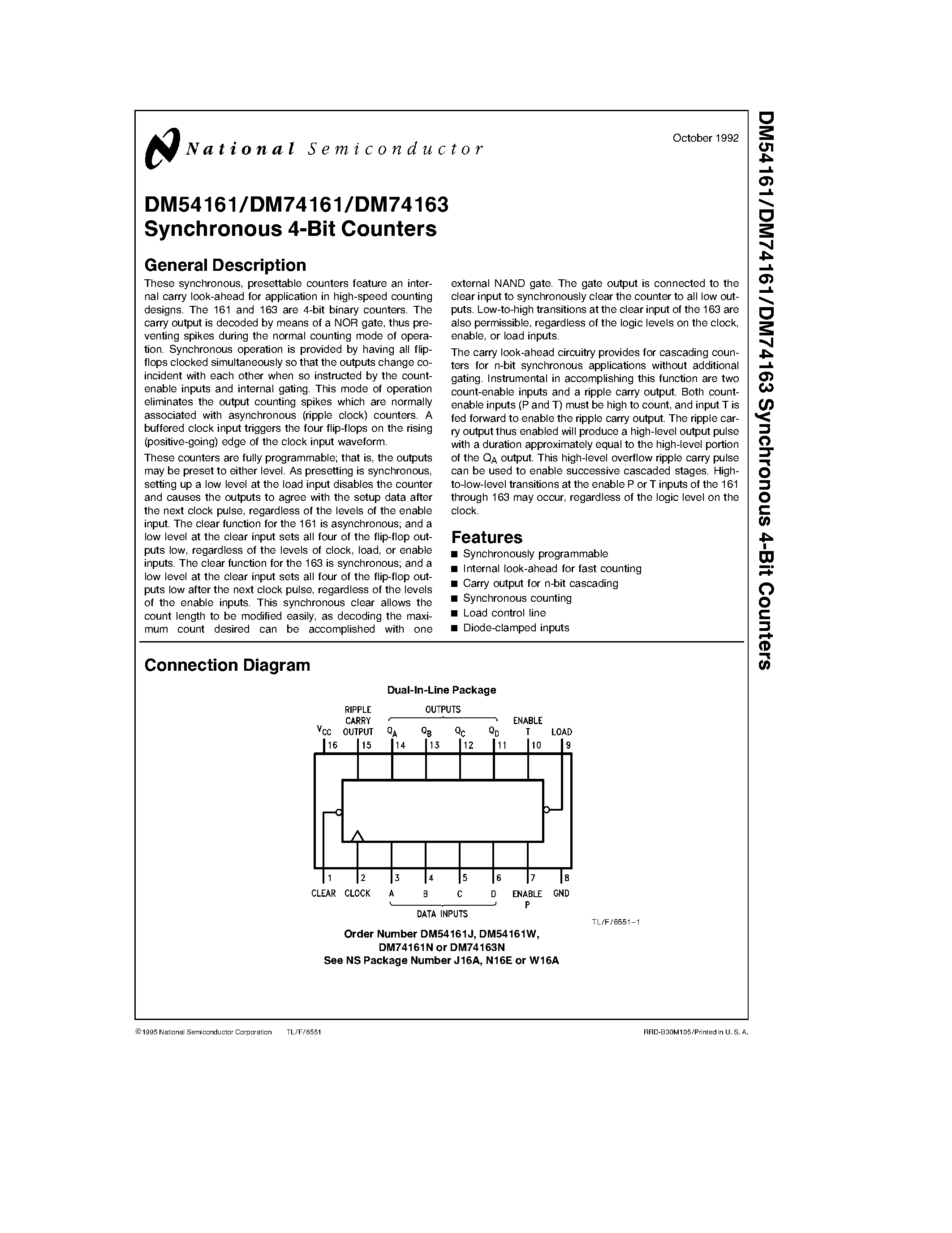Datasheet DM54161J page 1 Datasheet DM54161J - Synchronous 4-Bit Counters page 1
