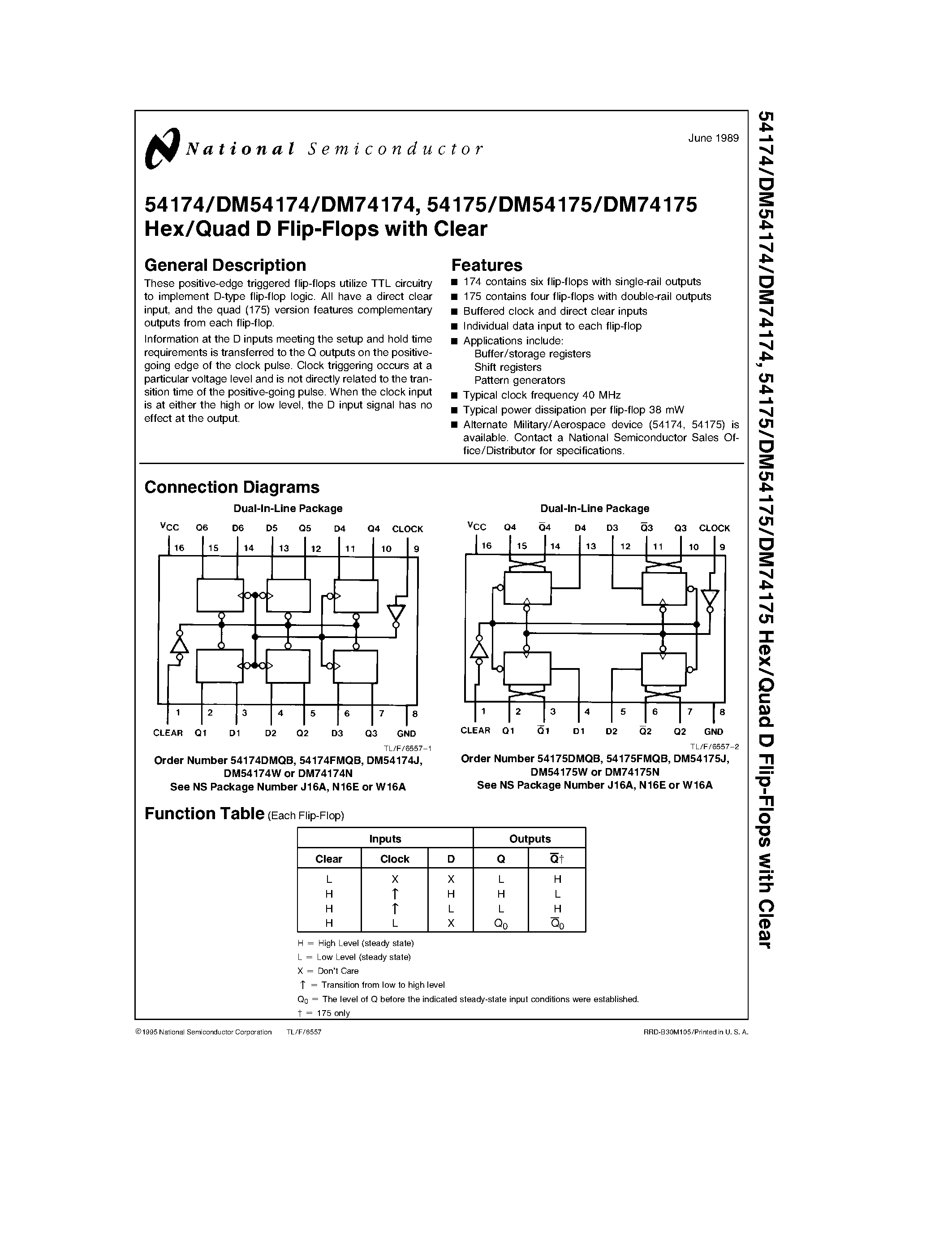 Datasheet DM54174W page 1 Datasheet DM54174W - Hex/Quad D Flip-Flops with Clear page 1