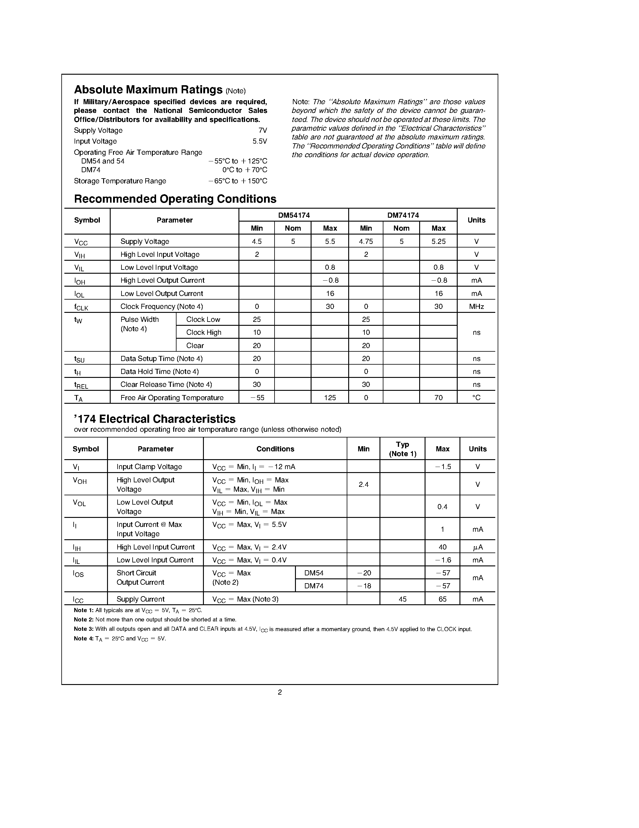 Datasheet DM54175W page 2 Datasheet DM54175W - Hex/Quad D Flip-Flops with Clear page 2