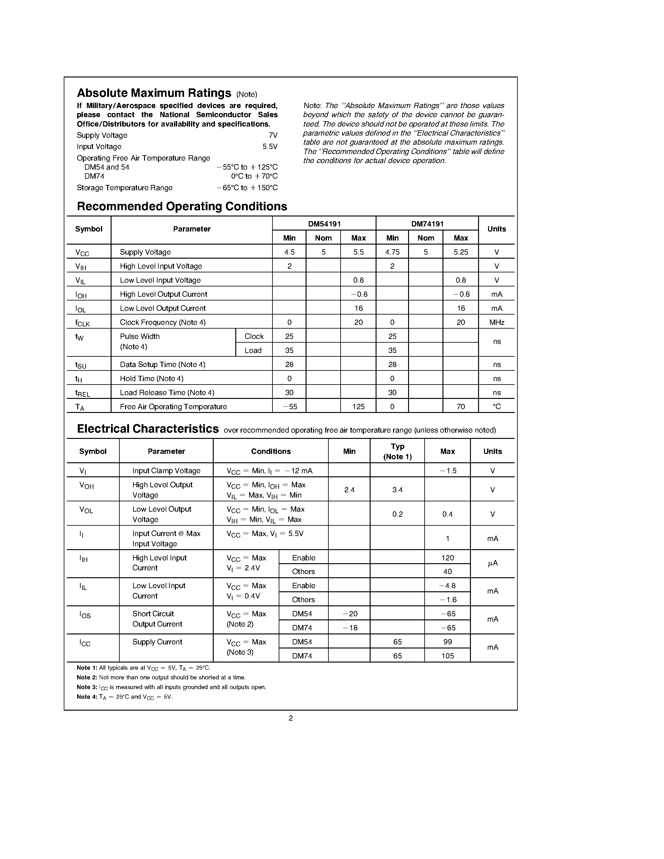 Datasheet DM54191J page 2 Datasheet DM54191J - Synchronous Up/Down 4-Bit Binary Counter with Mode Control page 2