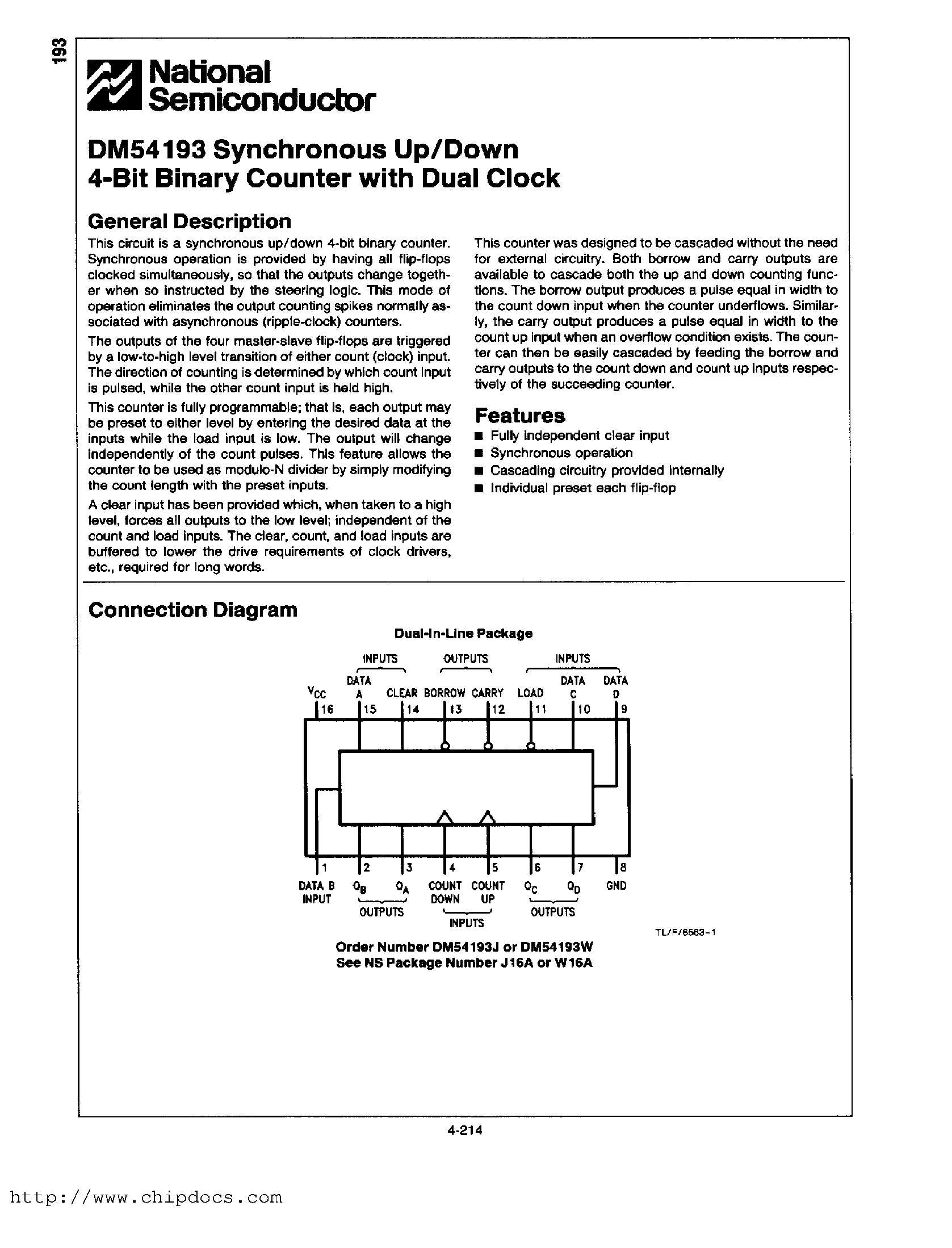 Datasheet DM54193W page 1 Datasheet DM54193W - Synchronous Up/Down 4-Bit Binary Counter with Dual Clock page 1