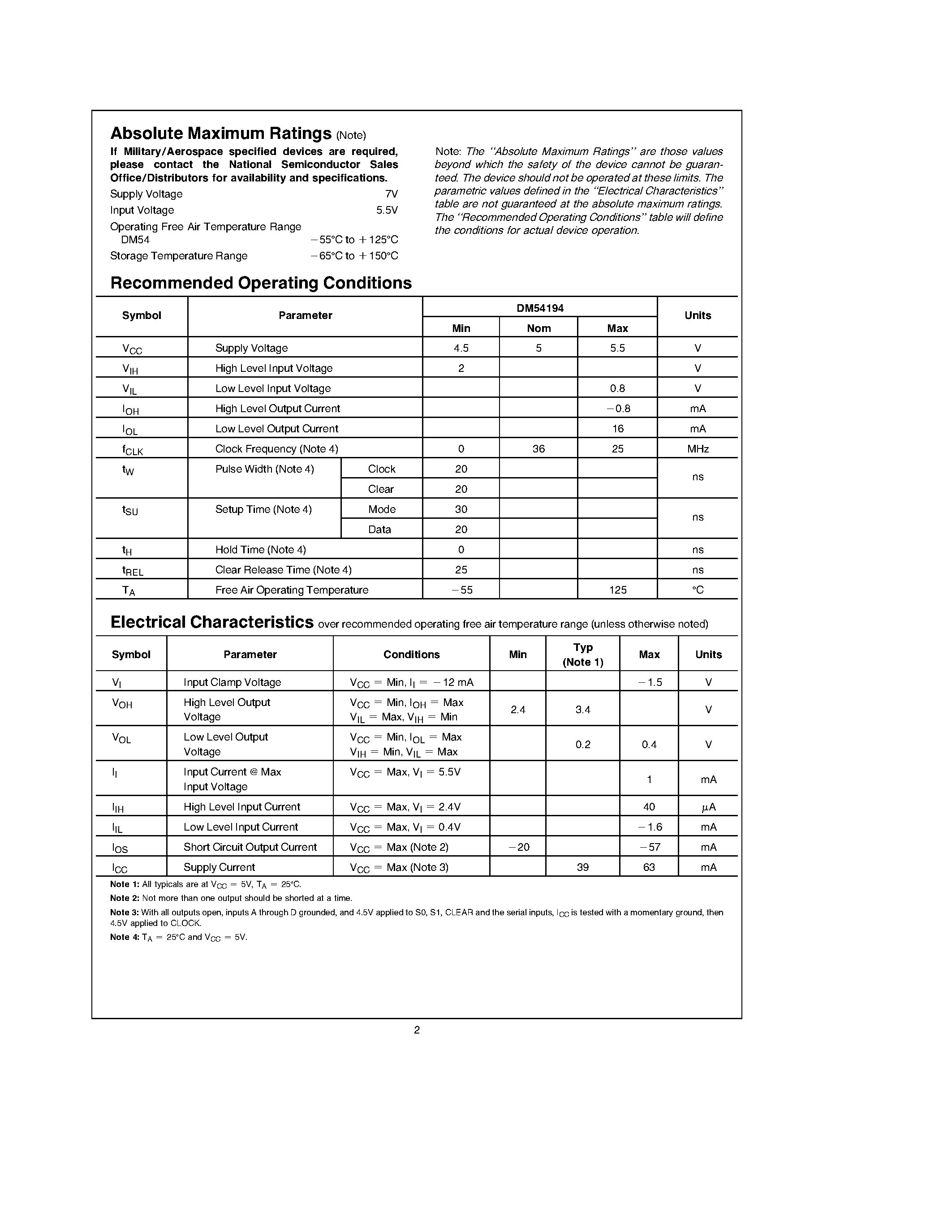 Datasheet DM54194 page 2 Datasheet DM54194 - 4-Bit Bidirectional Universal Shift Registers page 2