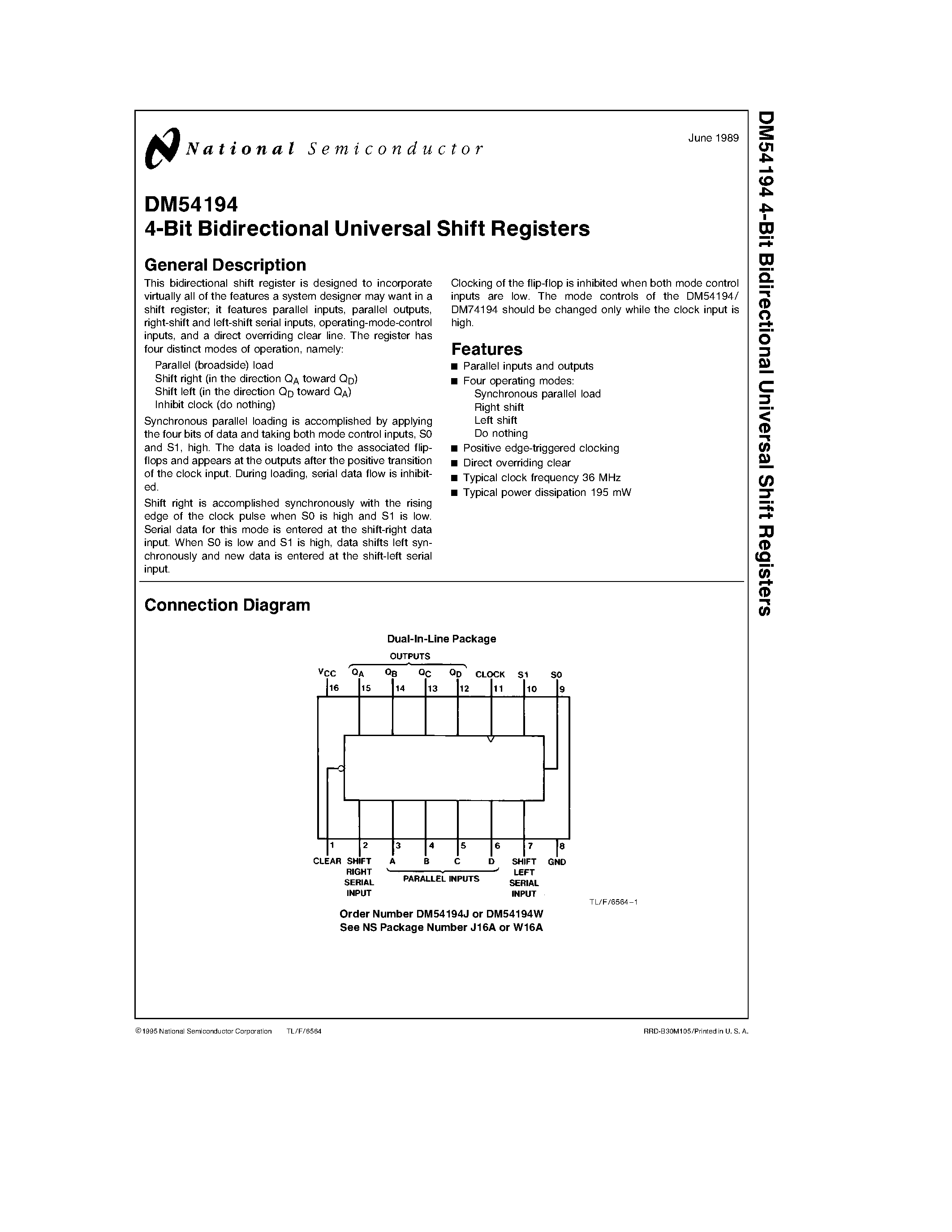 Datasheet DM54194W page 1 Datasheet DM54194W - 4-Bit Bidirectional Universal Shift Registers page 1