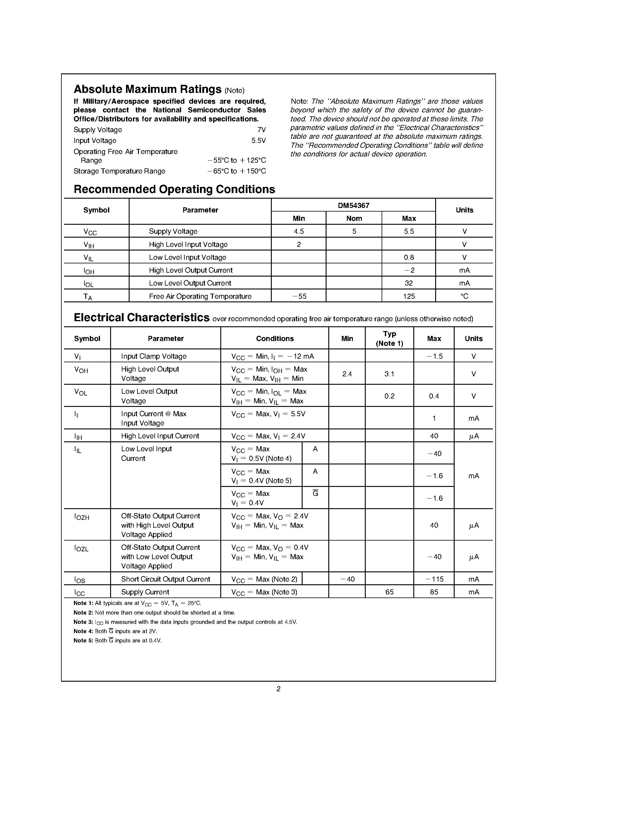 Datasheet DM54367 page 2 Datasheet DM54367 - Hex TRI-STATE Buffers page 2