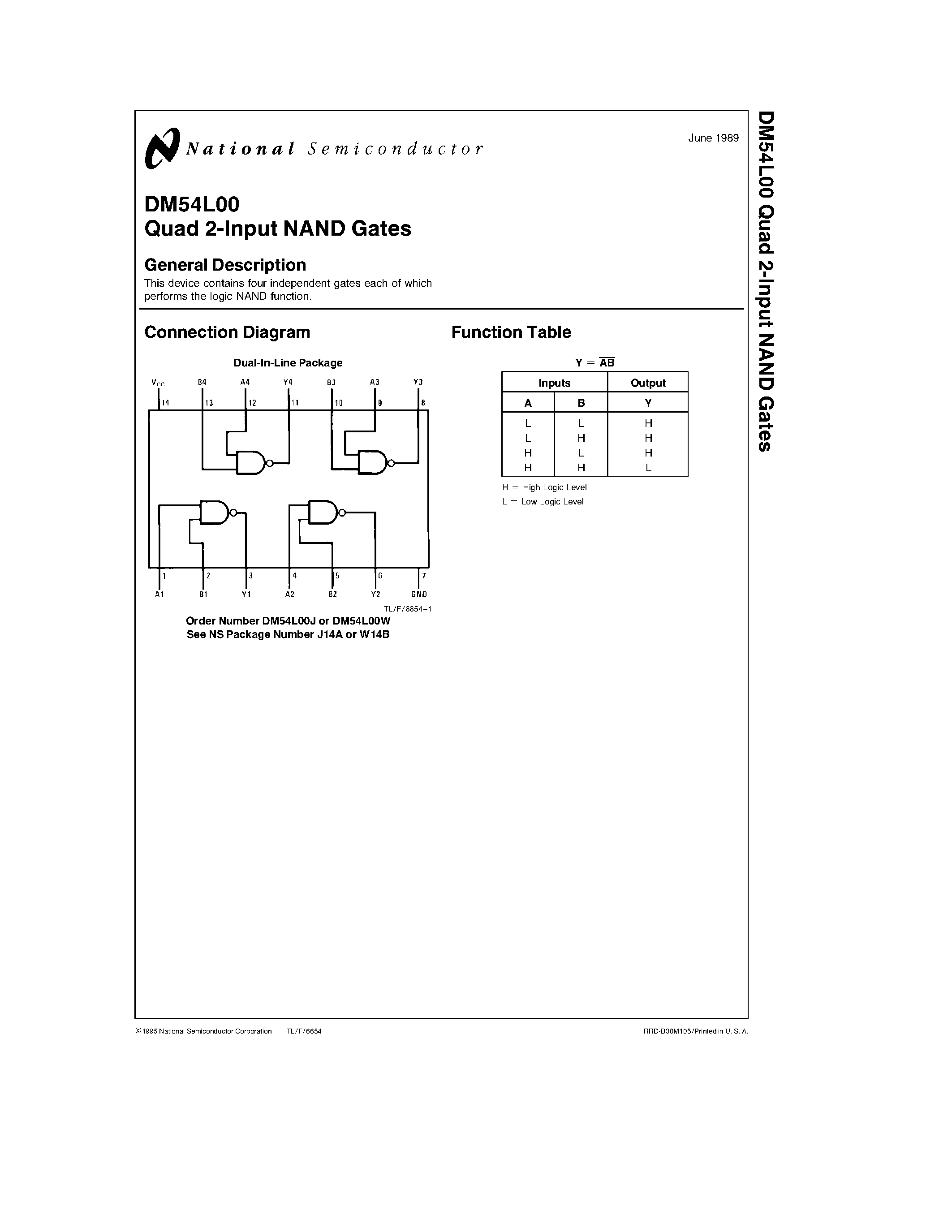 Даташит DM54L00J - Quad 2-Input NAND Gates страница 1
