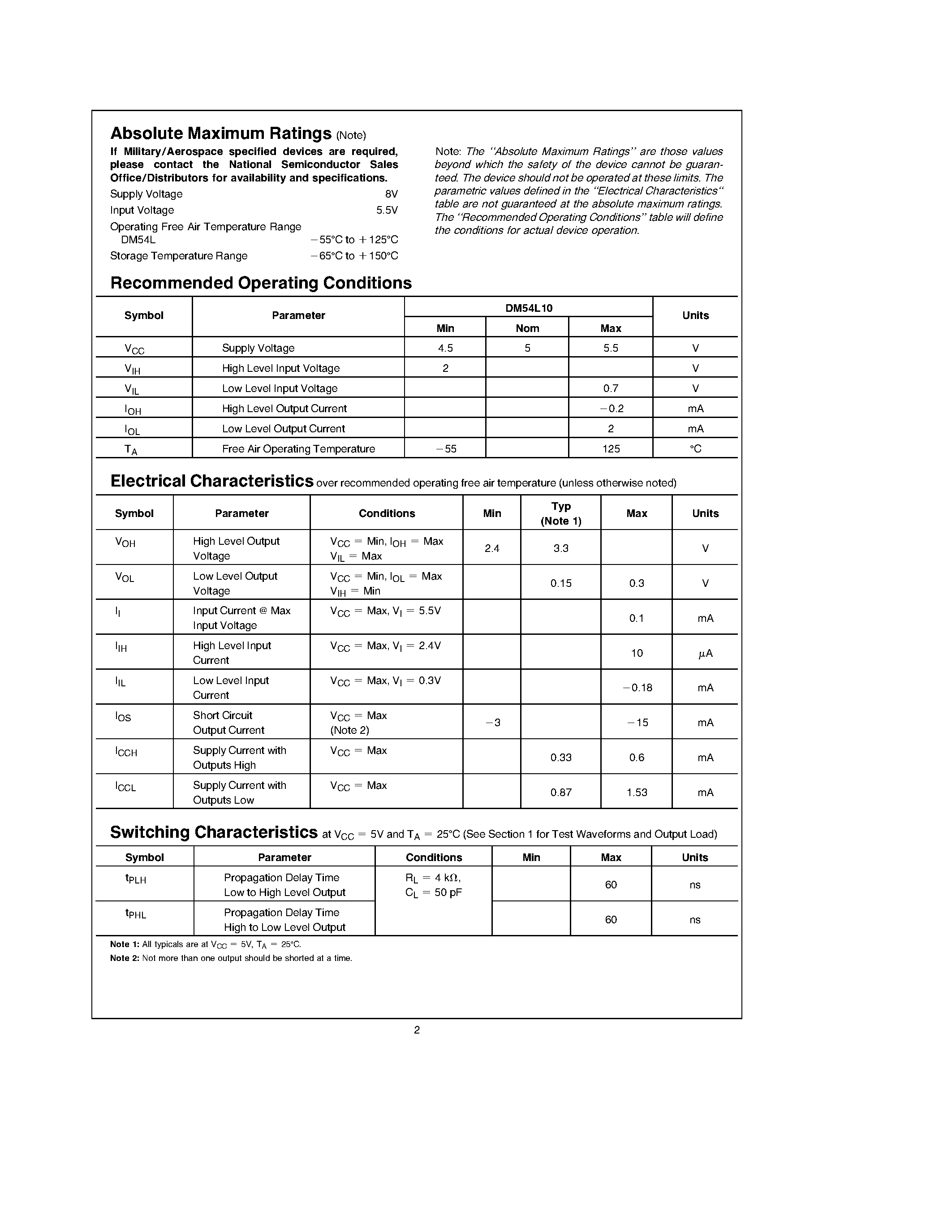 Datasheet DM54L10J page 2 Datasheet DM54L10J - Triple 3-Input NAND Gates page 2