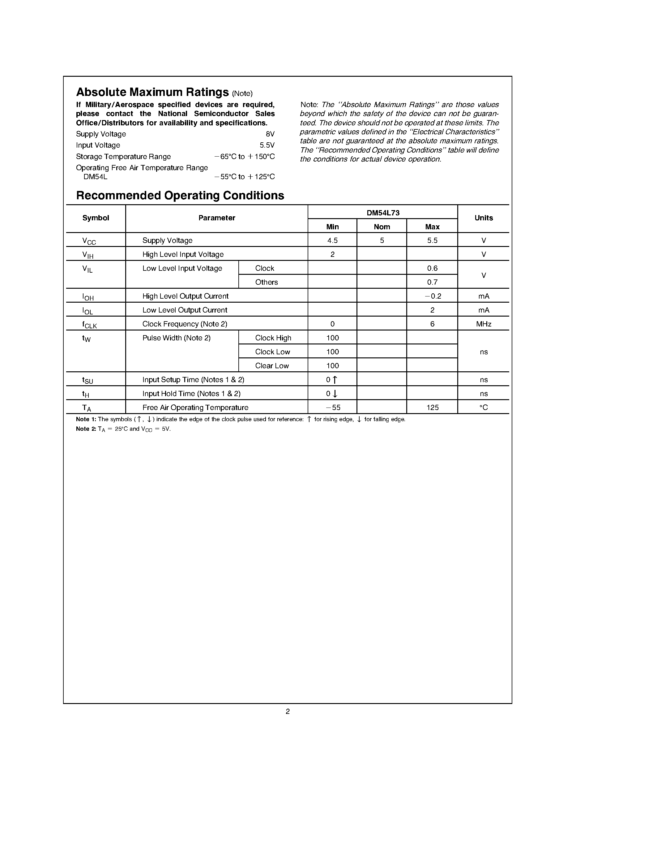 Datasheet DM54L73 page 2 Datasheet DM54L73 - Dual Master-Slave J-K Flip-Flops with Clear and Complementary Outputs page 2